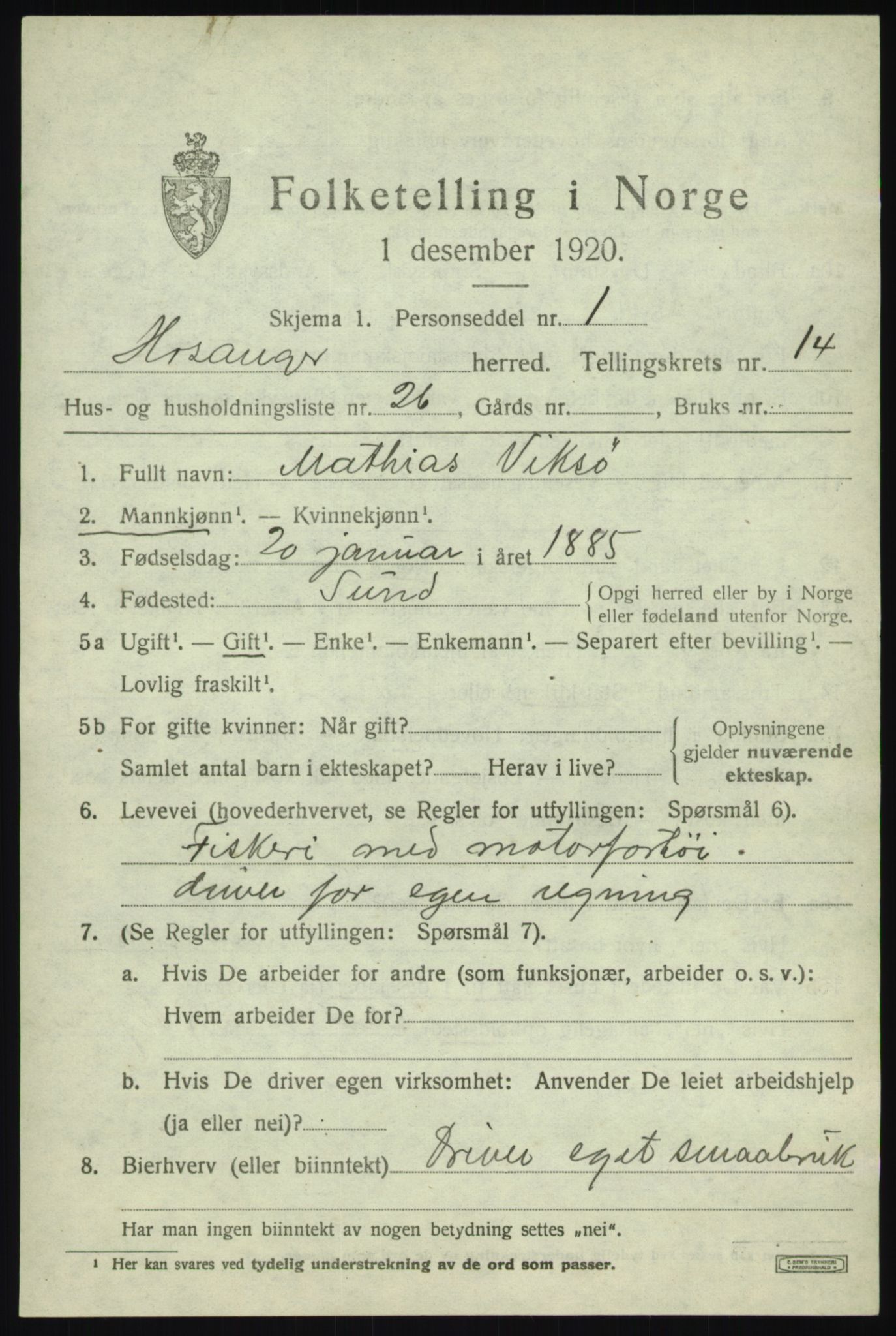 SAB, 1920 census for Hosanger, 1920, p. 5811
