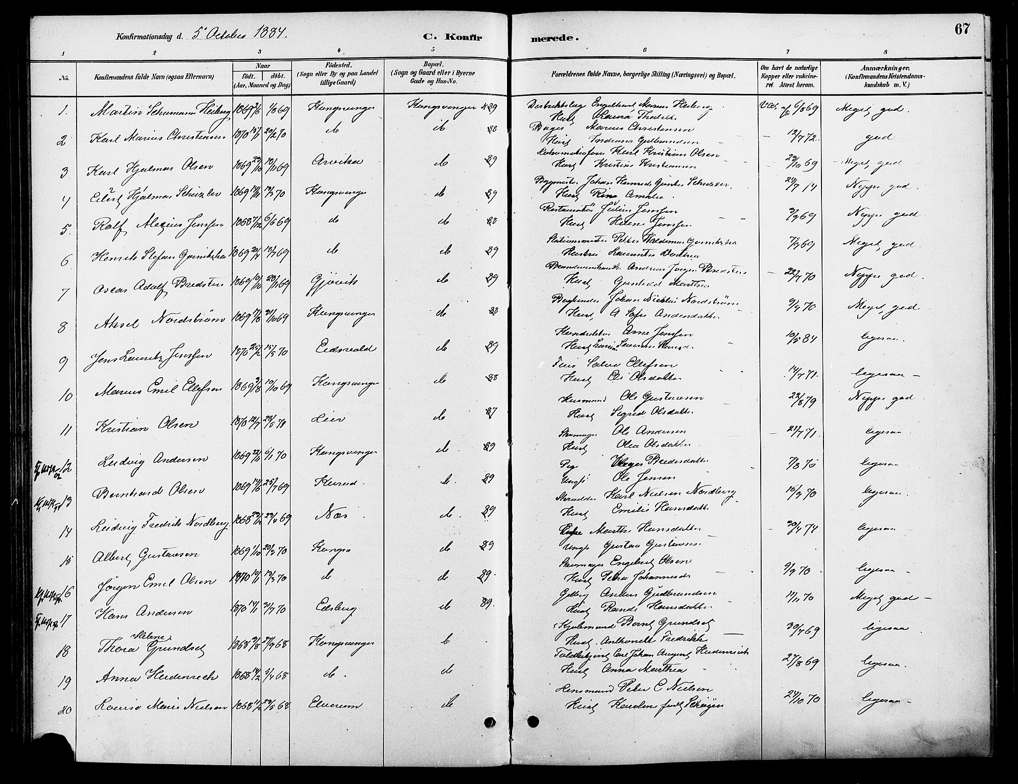 Vinger prestekontor, SAH/PREST-024/H/Ha/Haa/L0013: Parish register (official) no. 13, 1881-1897, p. 67