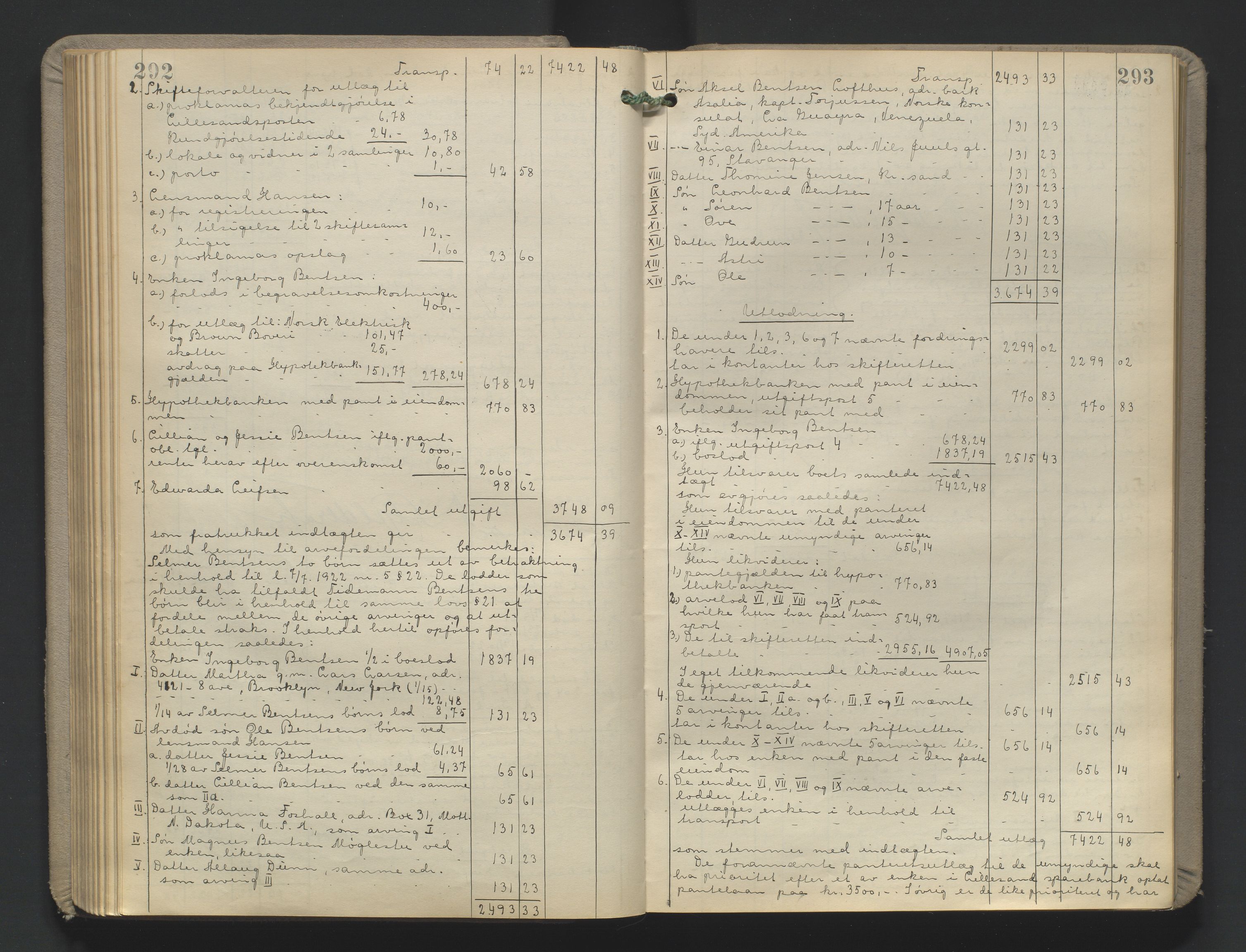 Vestre Nedenes/Sand sorenskriveri, AV/SAK-1221-0010/H/Hc/L0022: Skifteutlodningsprotokoll nr. 9, 1919-1932, p. 292-293