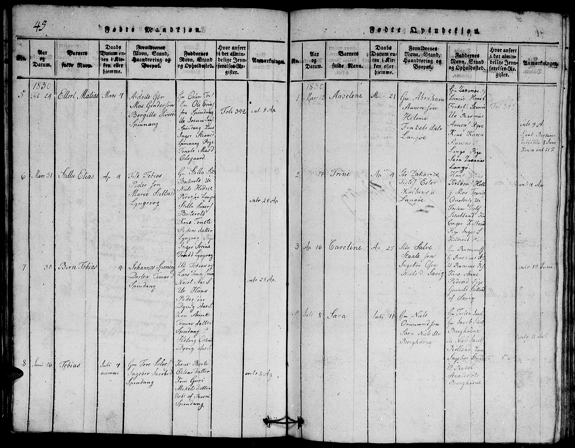 Herad sokneprestkontor, SAK/1111-0018/F/Fb/Fbb/L0001: Parish register (copy) no. B 1, 1815-1852, p. 45