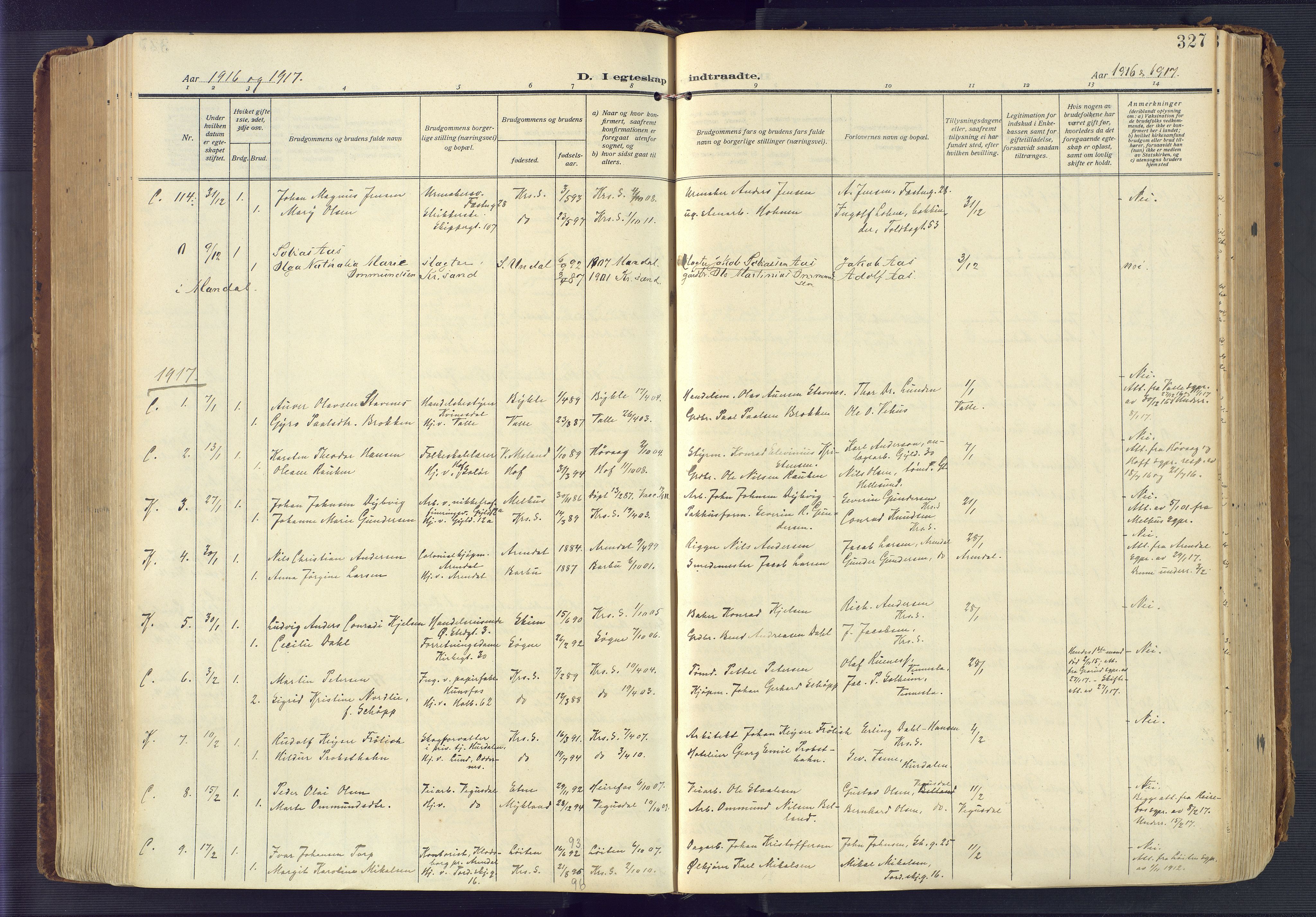 Kristiansand domprosti, AV/SAK-1112-0006/F/Fa/L0023: Parish register (official) no. A 22, 1909-1917, p. 327