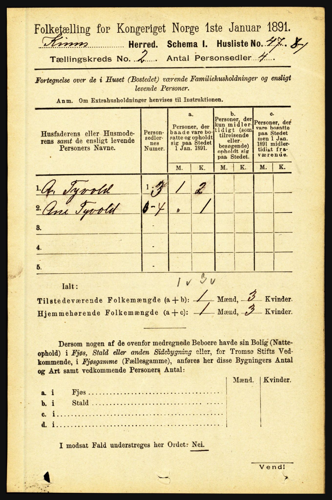 RA, 1891 census for 1437 Kinn, 1891, p. 523