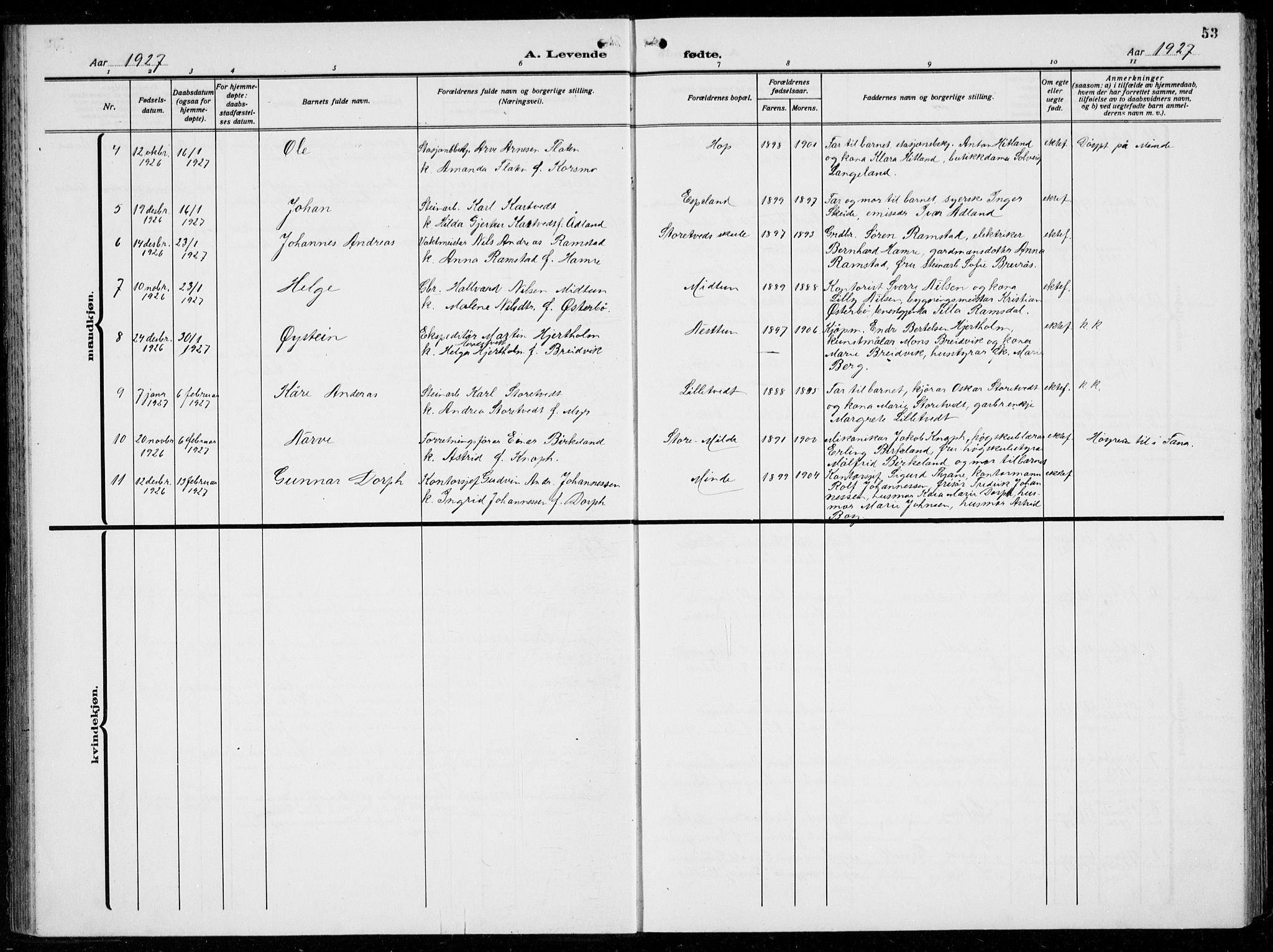 Birkeland Sokneprestembete, AV/SAB-A-74601/H/Hab: Parish register (copy) no. A  8, 1923-1933, p. 53