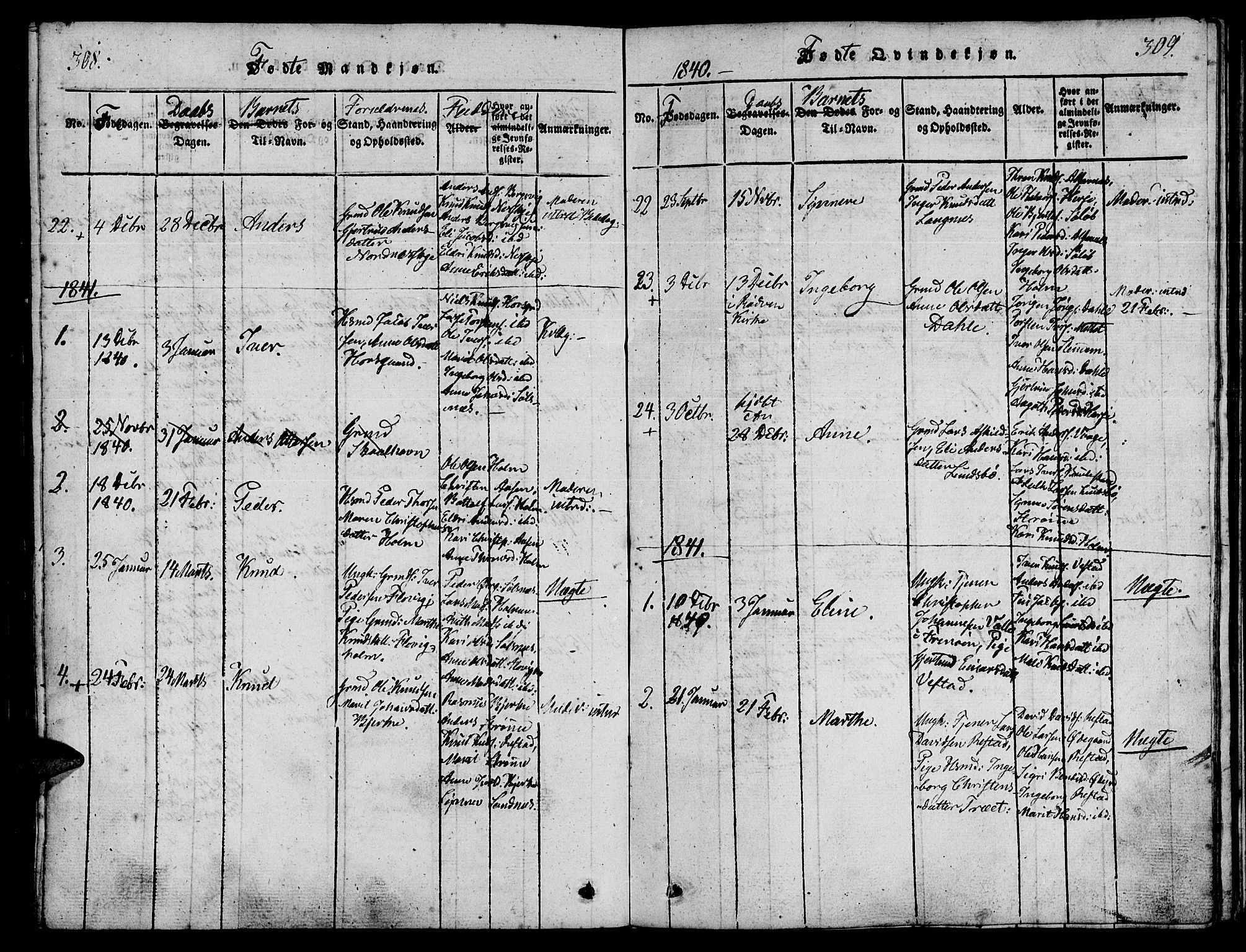 Ministerialprotokoller, klokkerbøker og fødselsregistre - Møre og Romsdal, AV/SAT-A-1454/547/L0602: Parish register (official) no. 547A04, 1818-1845, p. 308-309