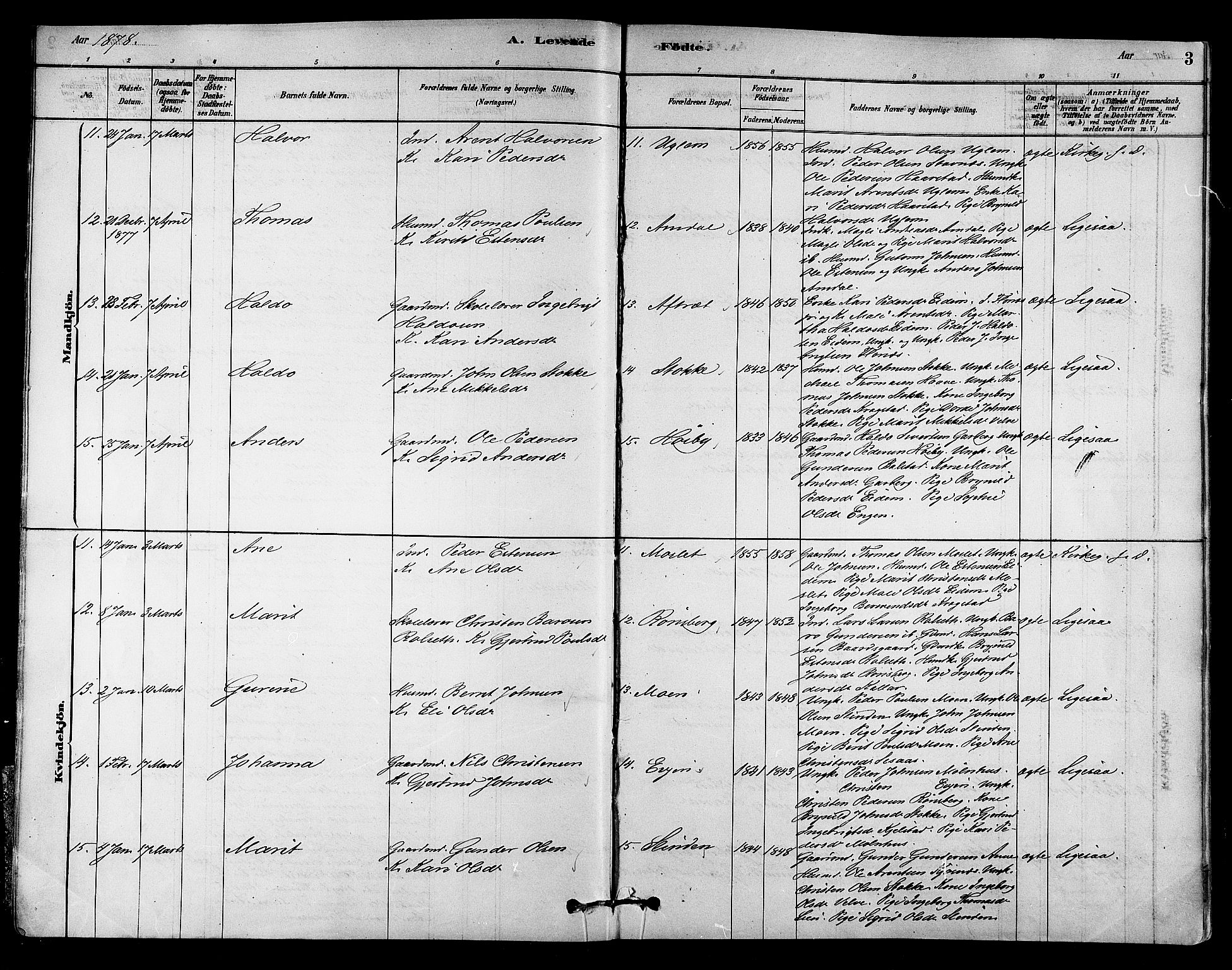 Ministerialprotokoller, klokkerbøker og fødselsregistre - Sør-Trøndelag, AV/SAT-A-1456/695/L1148: Parish register (official) no. 695A08, 1878-1891, p. 3