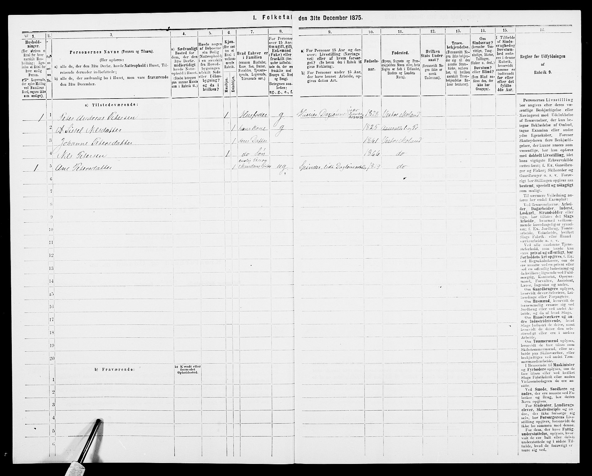 SAK, 1875 census for 0926L Vestre Moland/Vestre Moland, 1875, p. 283