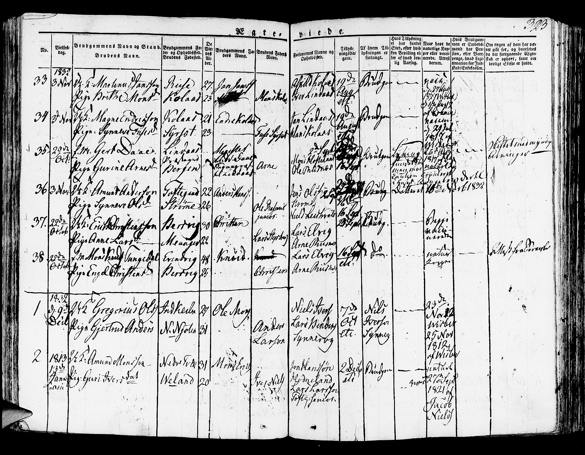 Lindås Sokneprestembete, SAB/A-76701/H/Haa: Parish register (official) no. A 8, 1823-1836, p. 323
