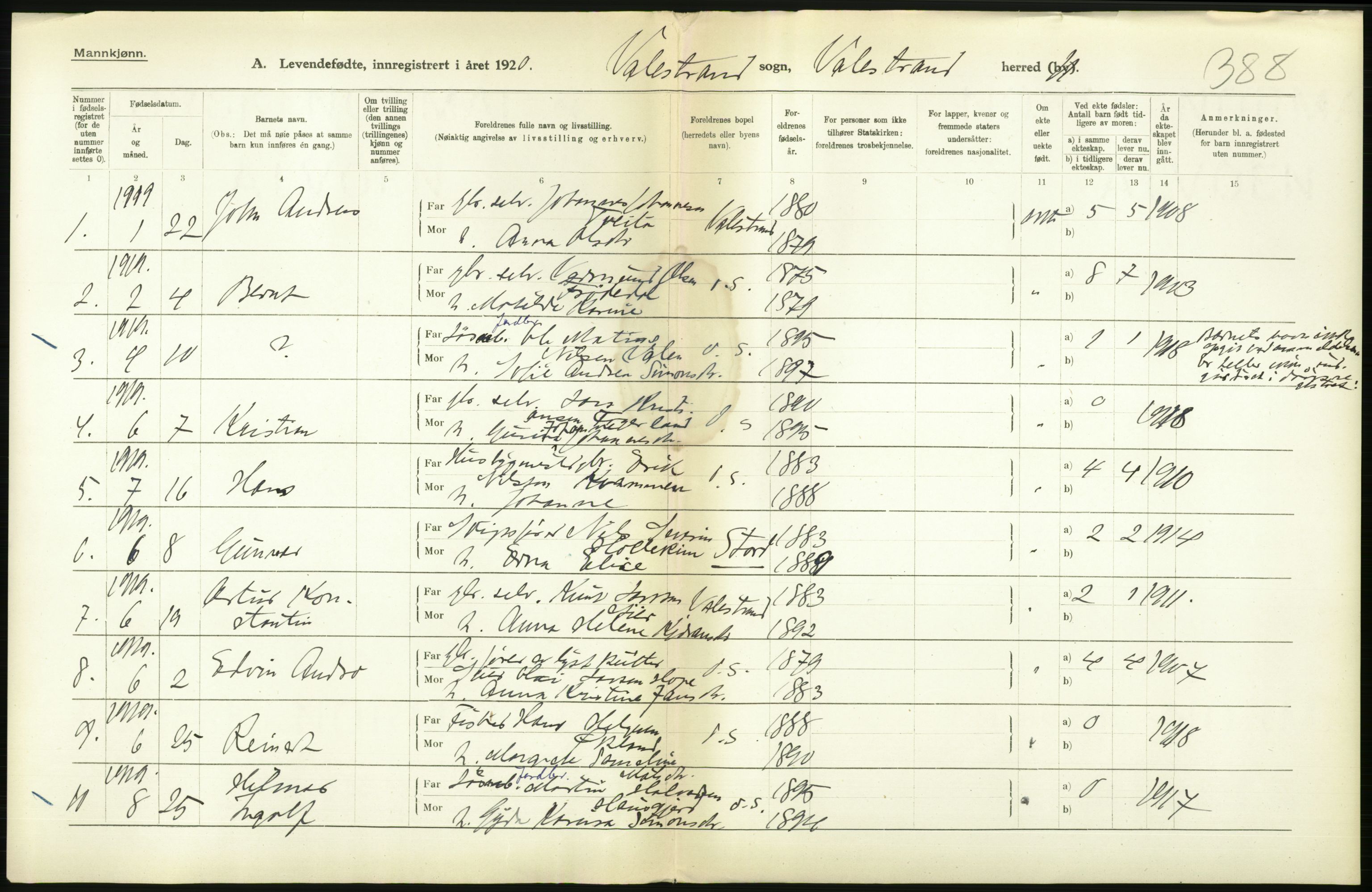 Statistisk sentralbyrå, Sosiodemografiske emner, Befolkning, RA/S-2228/D/Df/Dfb/Dfbi/L0031: Hordaland fylke: Levendefødte menn og kvinner. Bygder., 1919, p. 610