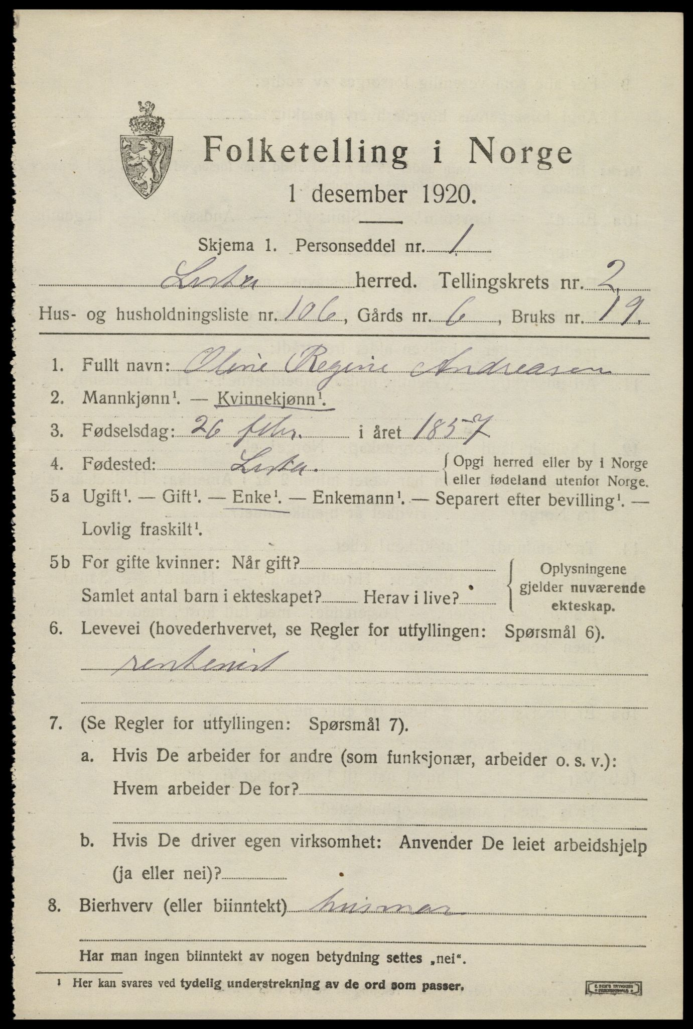 SAK, 1920 census for Lista, 1920, p. 4413