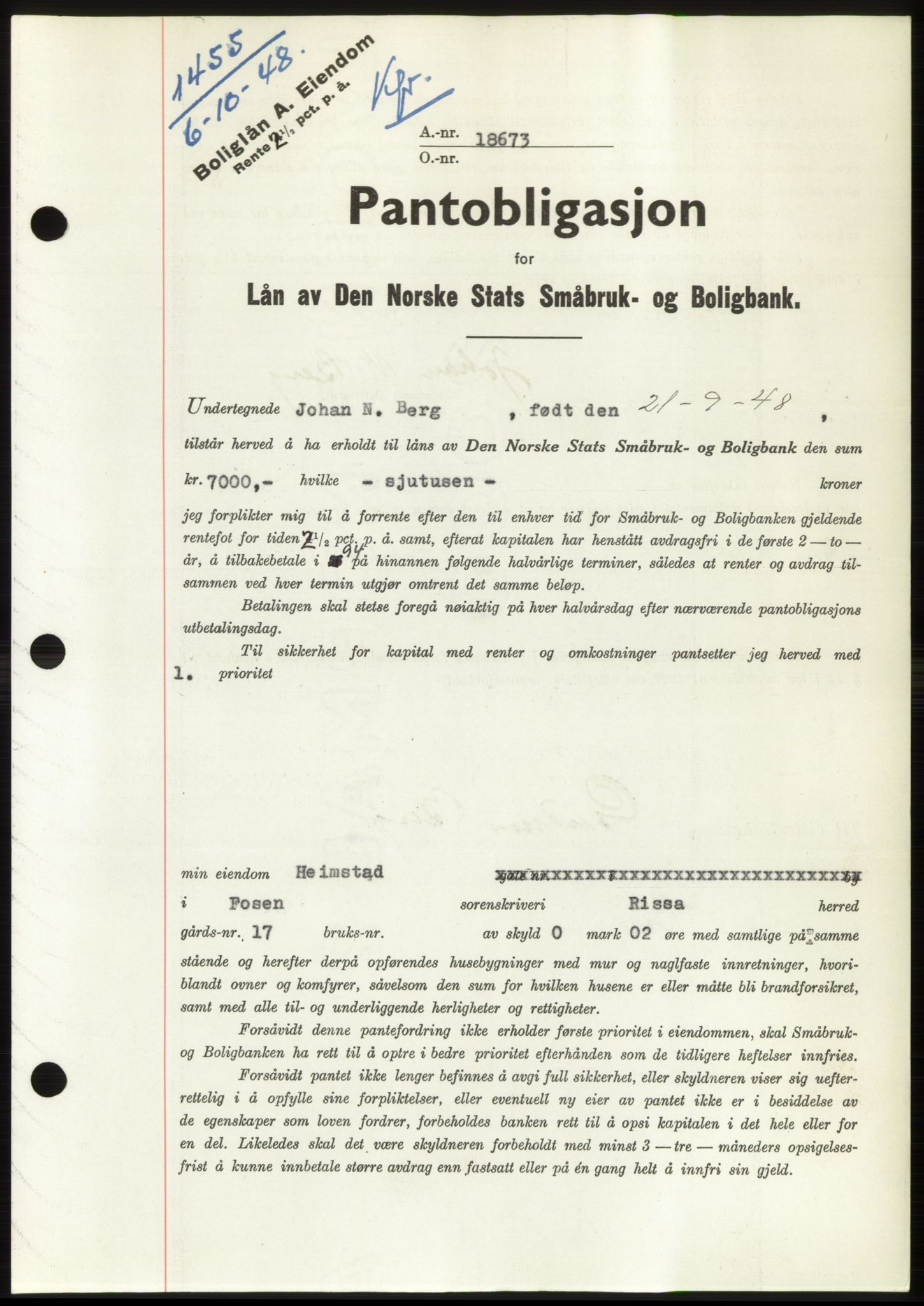 Fosen sorenskriveri, AV/SAT-A-1107/1/2/2C: Mortgage book no. B, 1948-1950, Diary no: : 1455/1948