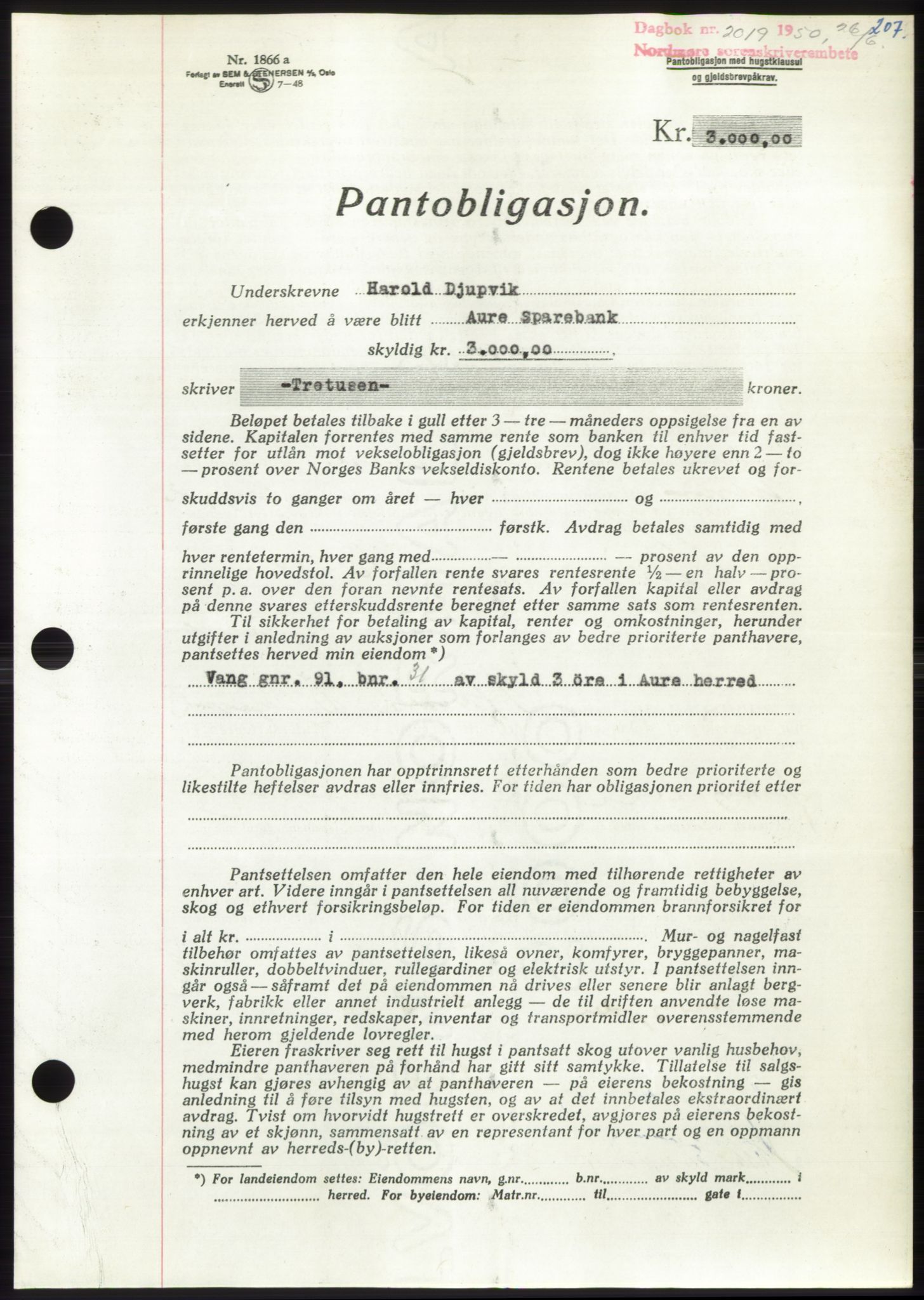 Nordmøre sorenskriveri, AV/SAT-A-4132/1/2/2Ca: Mortgage book no. B105, 1950-1950, Diary no: : 2019/1950