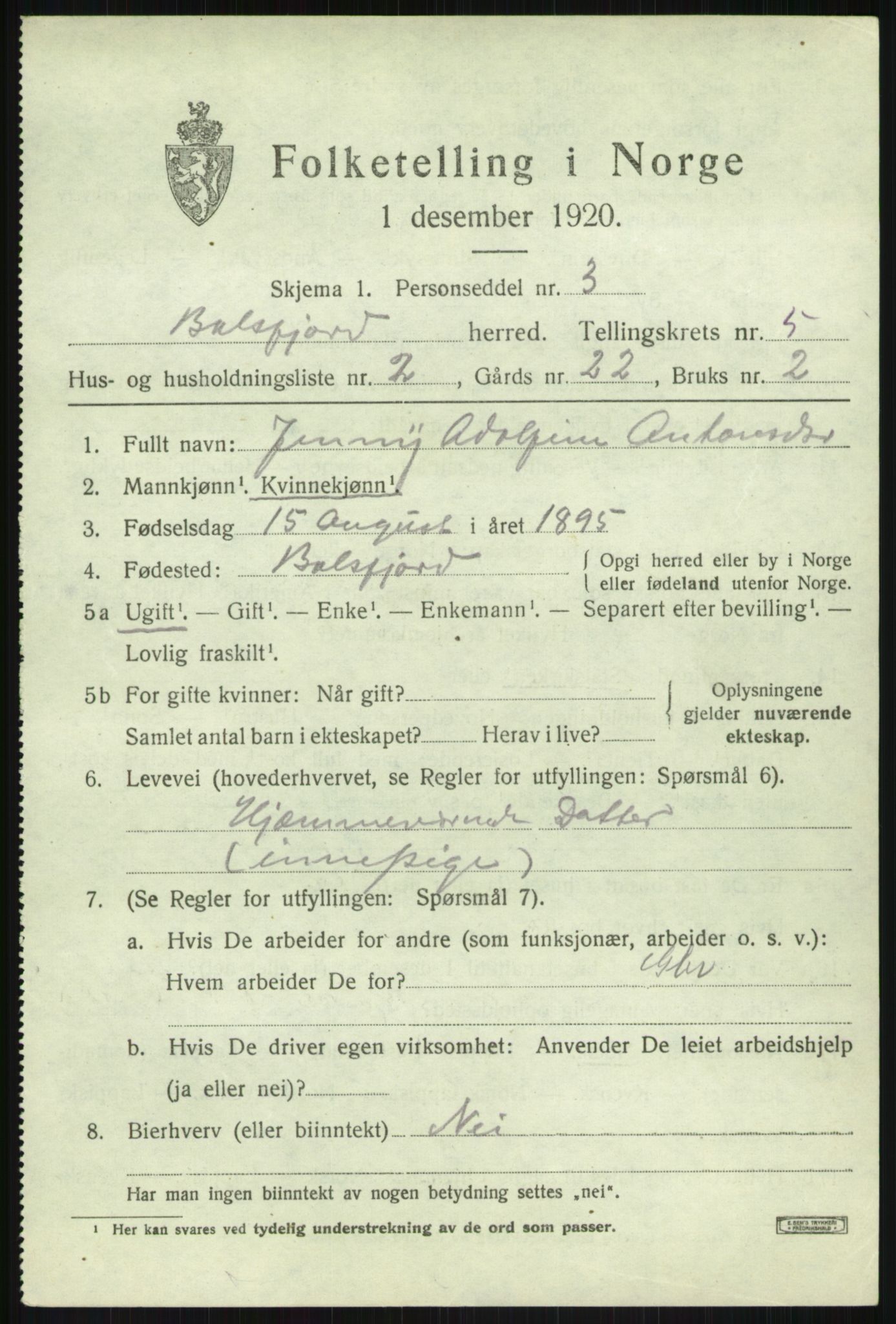 SATØ, 1920 census for Balsfjord, 1920, p. 3118
