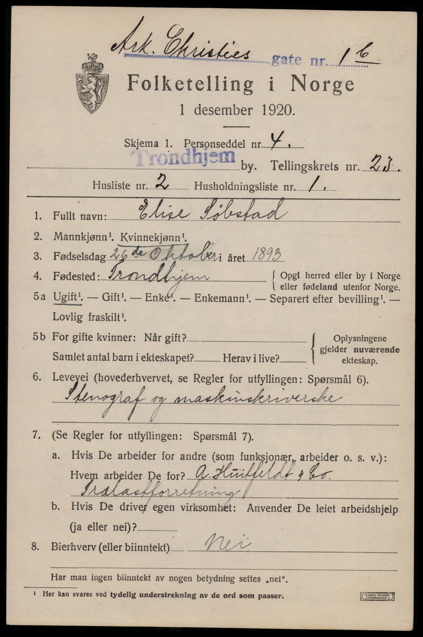 SAT, 1920 census for Trondheim, 1920, p. 63958