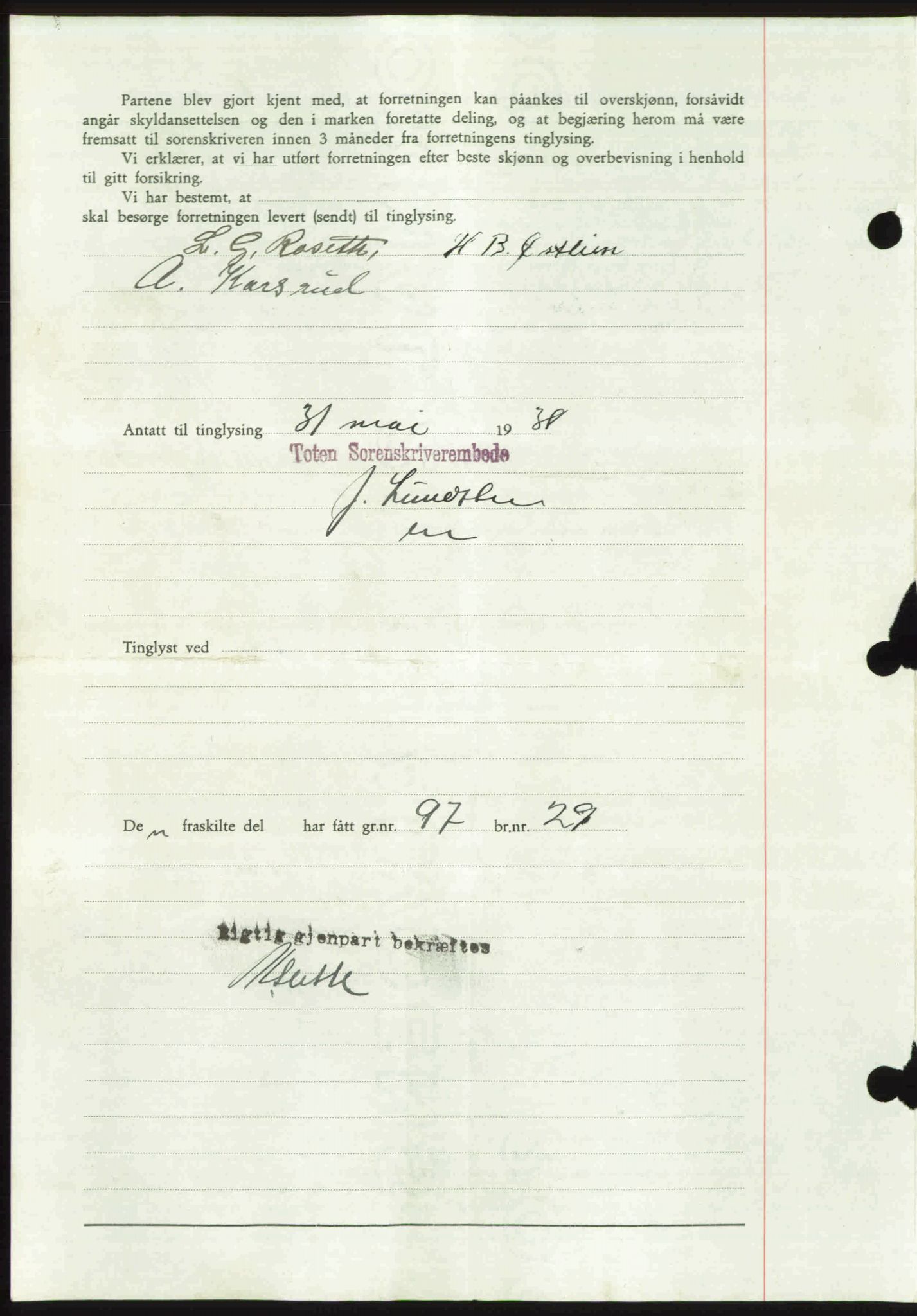 Toten tingrett, SAH/TING-006/H/Hb/Hbc/L0004: Mortgage book no. Hbc-04, 1938-1938, Diary no: : 1037/1938