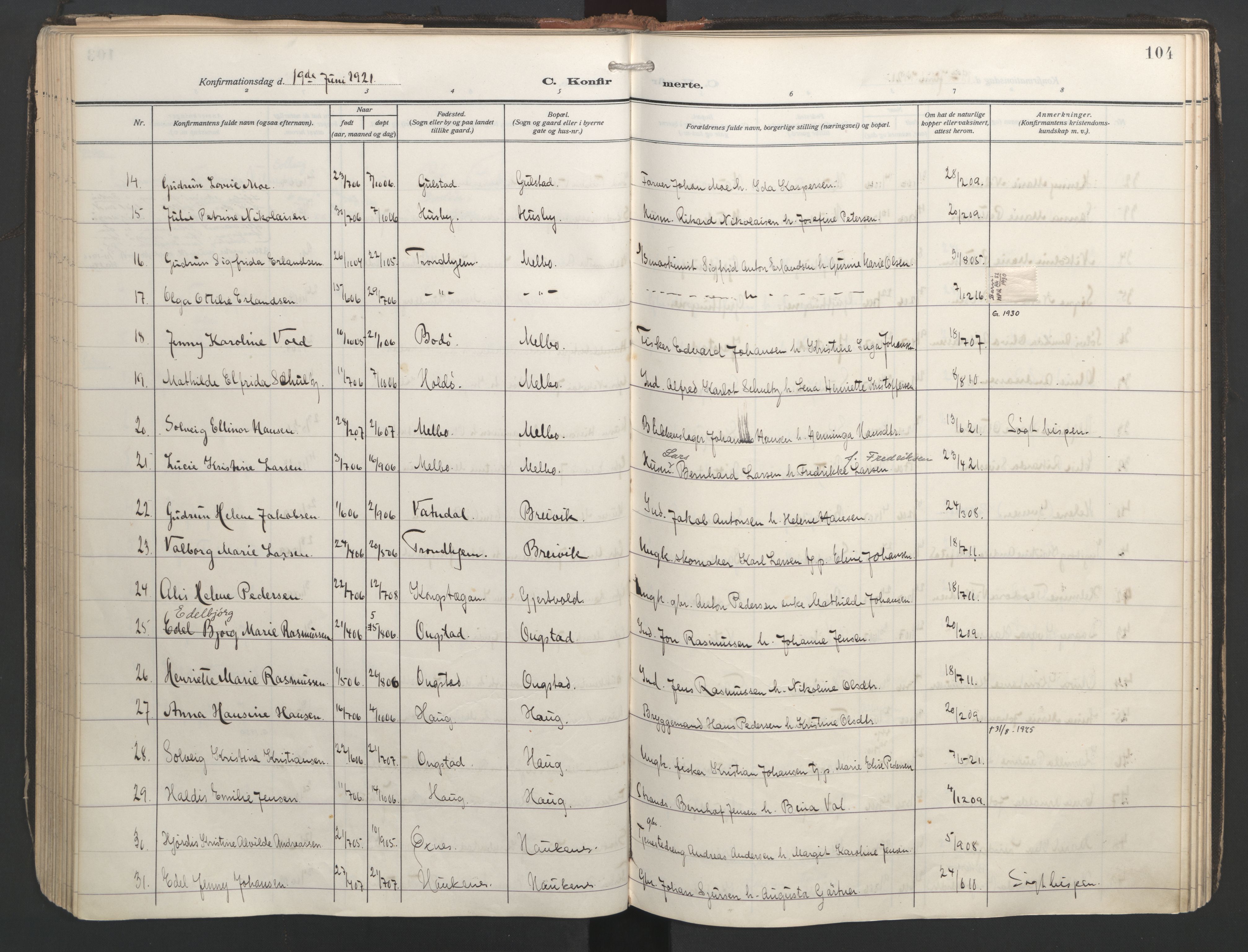 Ministerialprotokoller, klokkerbøker og fødselsregistre - Nordland, SAT/A-1459/888/L1249: Parish register (official) no. 888A15, 1911-1929, p. 104
