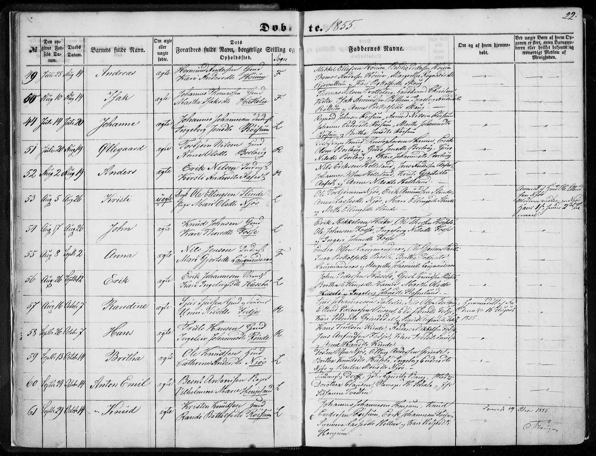 Leikanger sokneprestembete, AV/SAB-A-81001/H/Haa/Haaa/L0008: Parish register (official) no. A 8, 1852-1868, p. 22