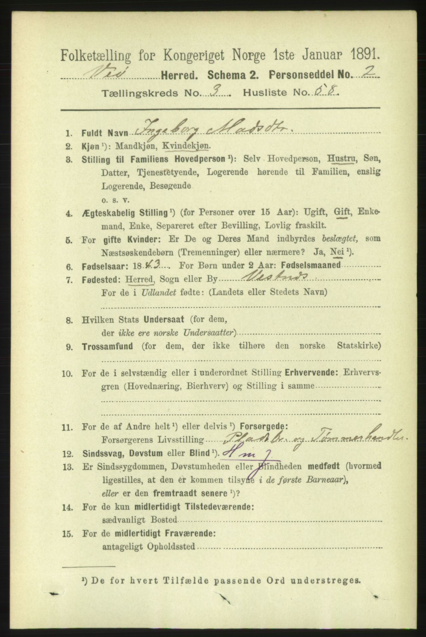 RA, 1891 census for 1541 Veøy, 1891, p. 1726