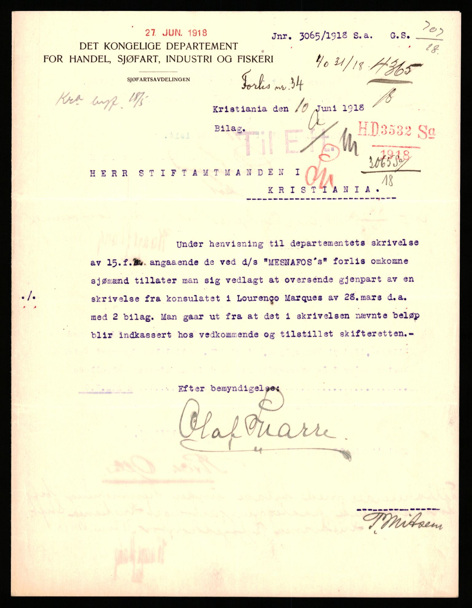 Handelsdepartementet, Sjøfartsavdelingen, 1. sjømannskontor, AV/RA-S-1405/D/Dm/L0010: Forliste skip Lar - Min, 1906-1920, p. 815