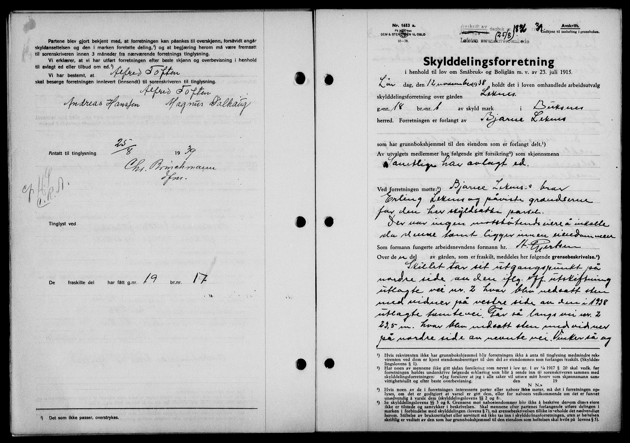 Lofoten sorenskriveri, SAT/A-0017/1/2/2C/L0006a: Mortgage book no. 6a, 1939-1939, Diary no: : 1836/1939