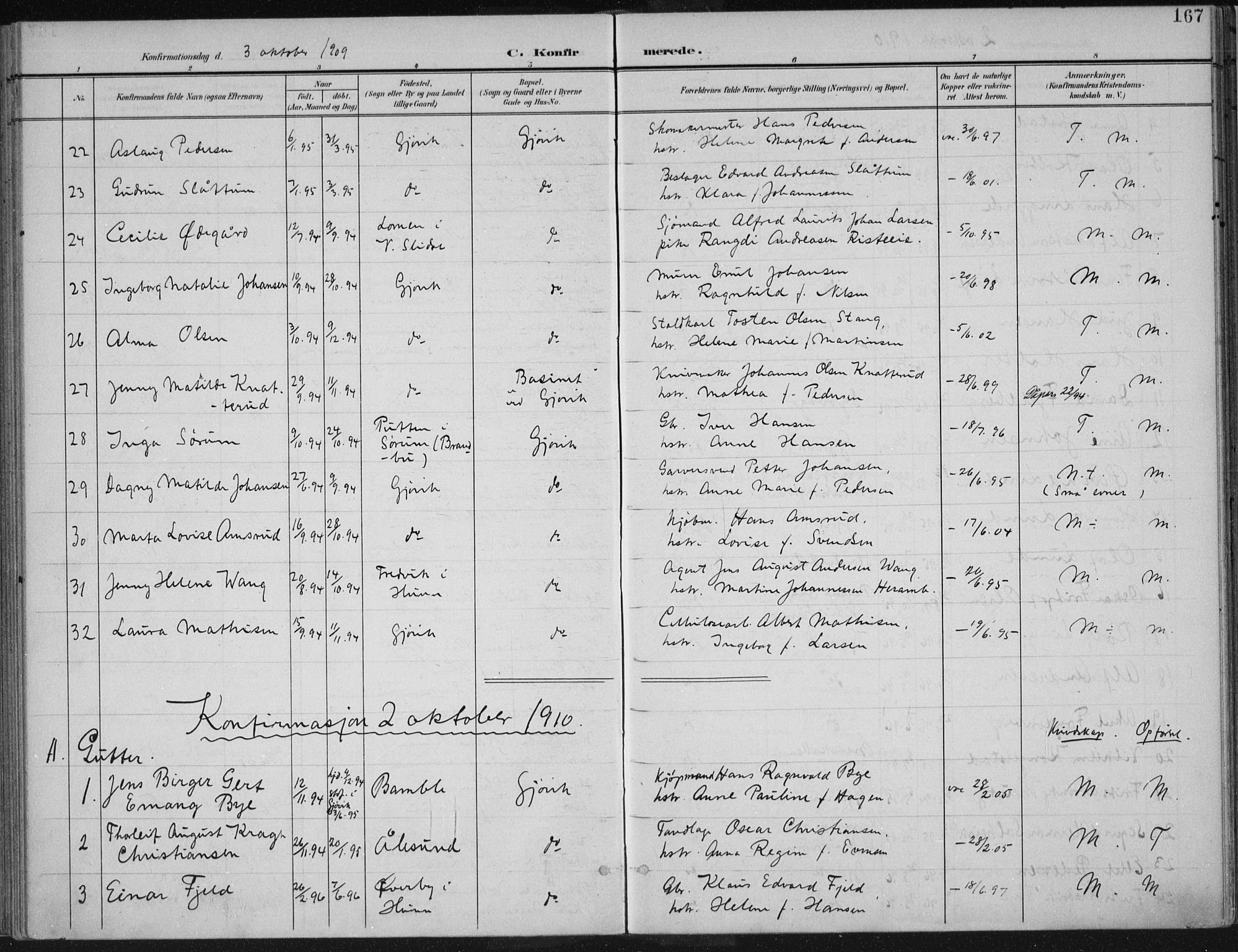 Vardal prestekontor, SAH/PREST-100/H/Ha/Haa/L0013: Parish register (official) no. 13, 1901-1911, p. 167