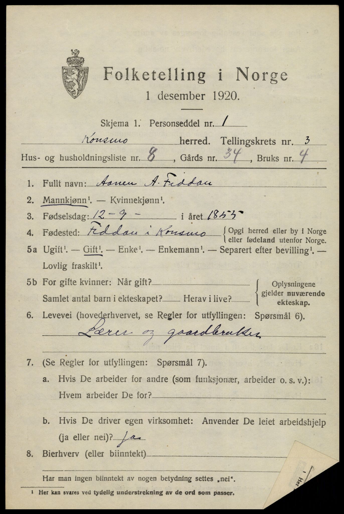 SAK, 1920 census for Konsmo, 1920, p. 1196