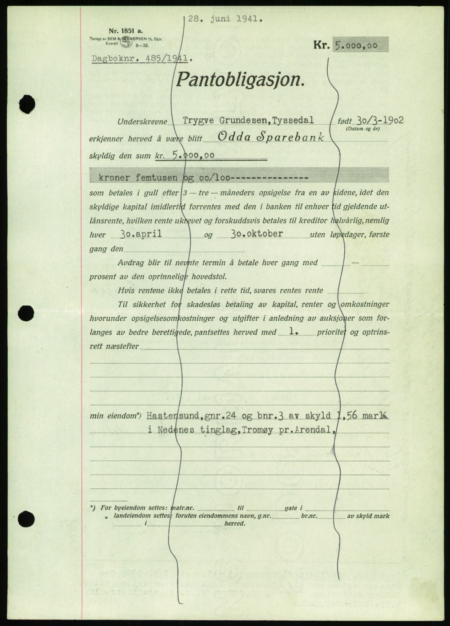 Nedenes sorenskriveri, SAK/1221-0006/G/Gb/Gbb/L0001: Mortgage book no. I, 1939-1942, Diary no: : 485/1941
