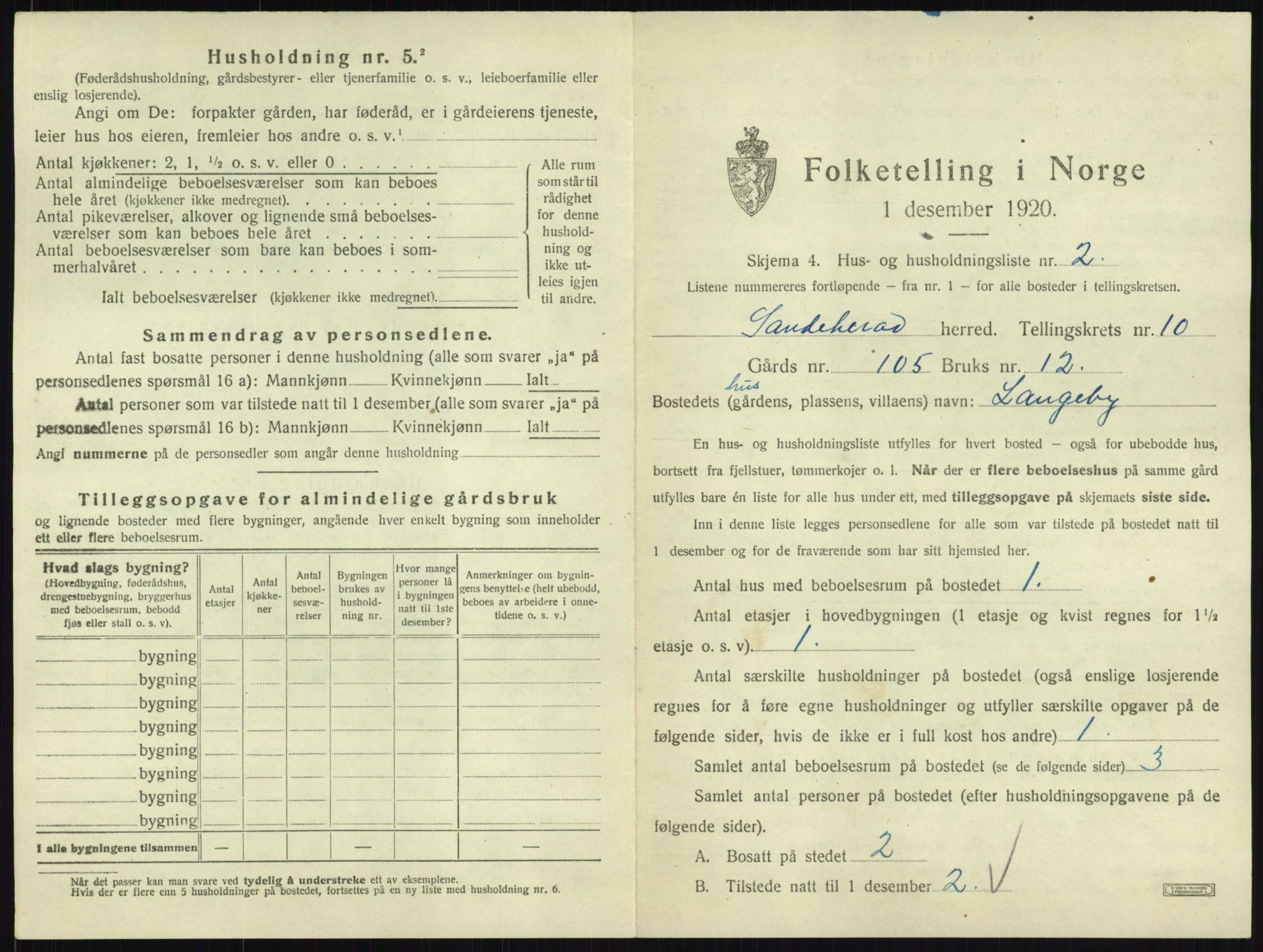 SAKO, 1920 census for Sandeherred, 1920, p. 2054