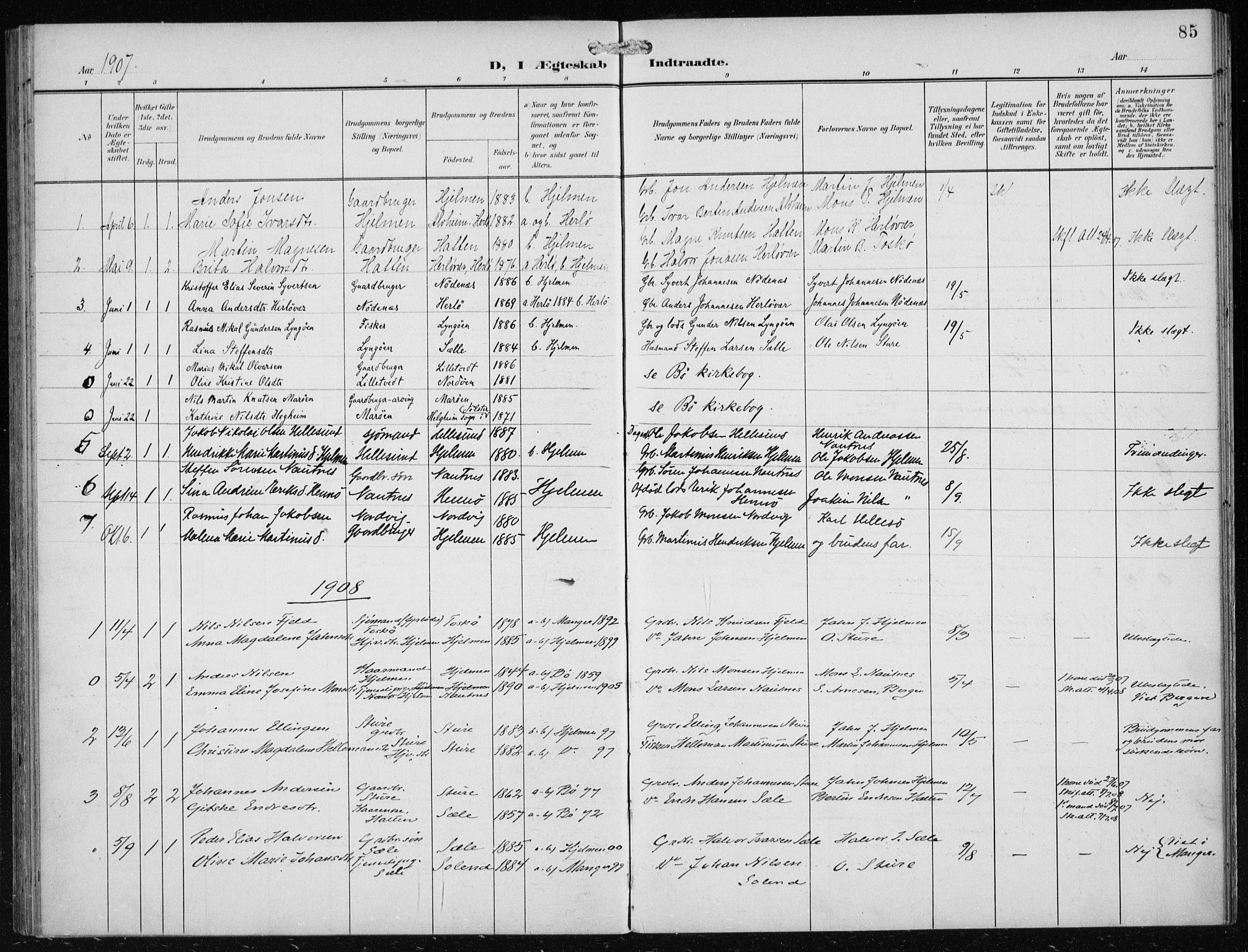 Herdla Sokneprestembete, AV/SAB-A-75701/H/Haa: Parish register (official) no. B 1, 1902-1921, p. 85