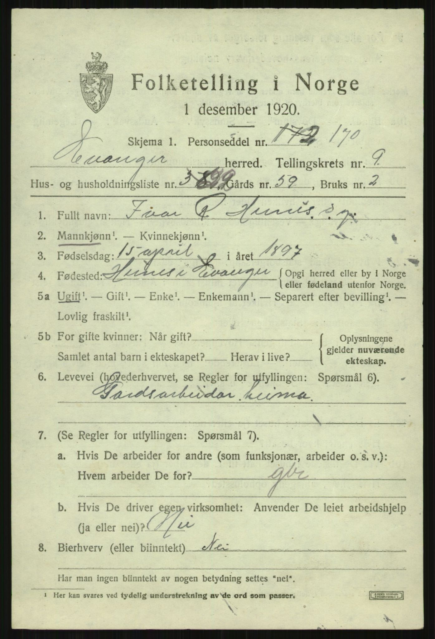 SAB, 1920 census for Evanger, 1920, p. 3015