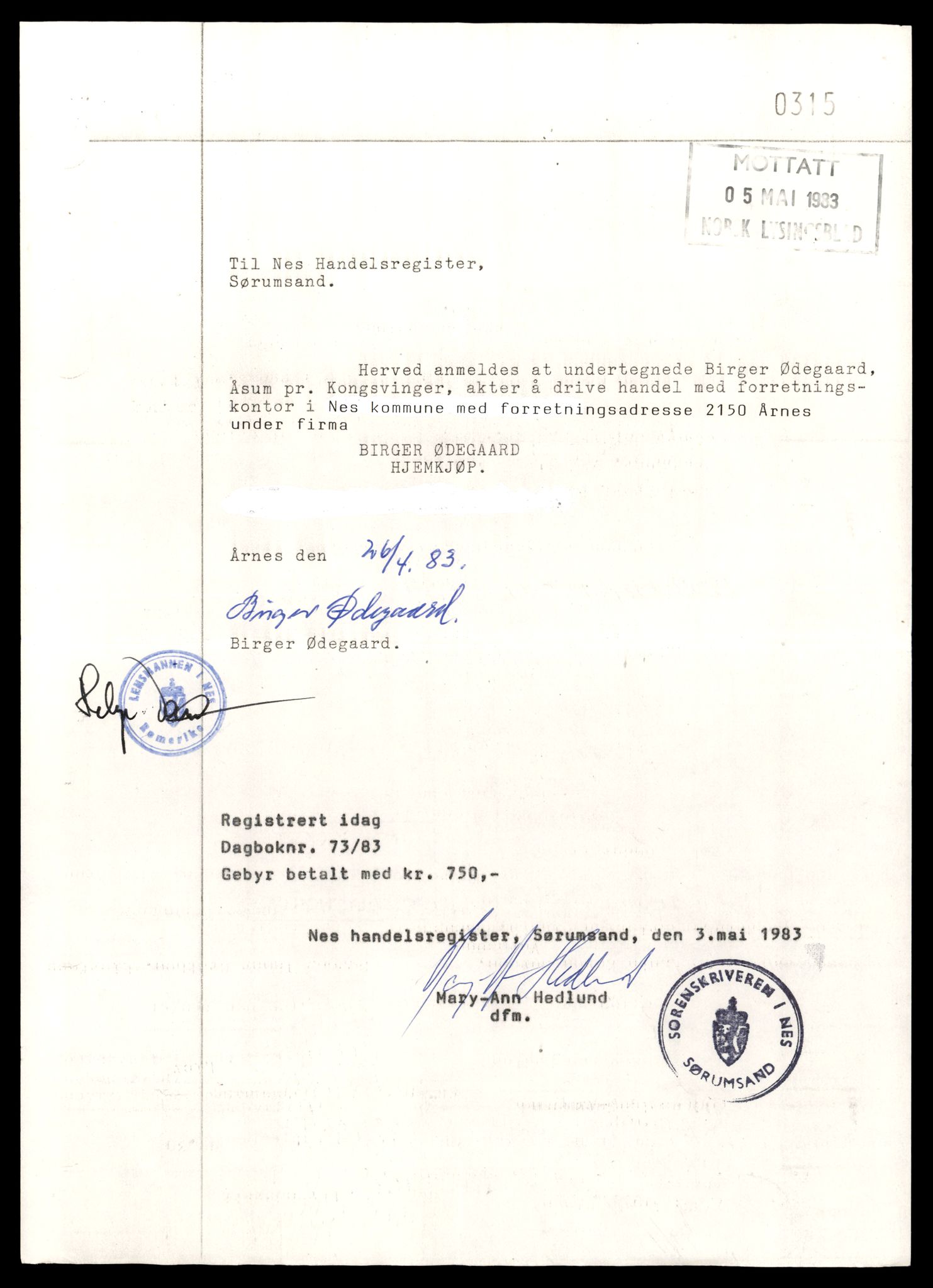 Nes tingrett, AV/SAT-A-10548/K/Ke/Keb/L0007: Enkeltmannsforetak og ansvarlige selskap, Øde - Åse, 1944-1990, p. 3