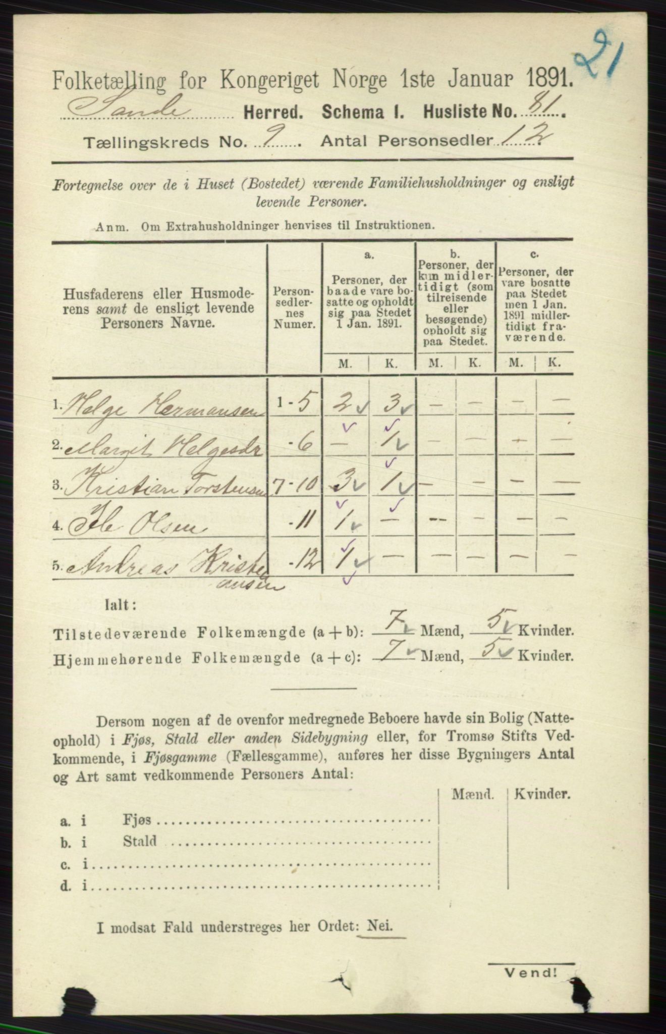 RA, 1891 census for 0713 Sande, 1891, p. 3926