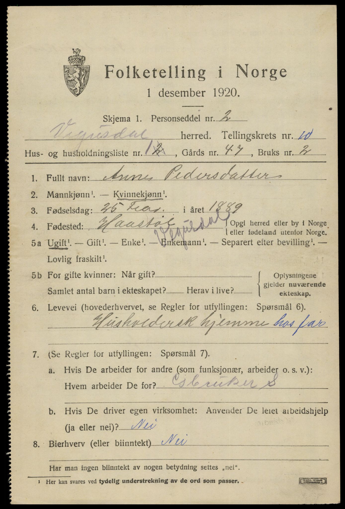 SAK, 1920 census for Vegusdal, 1920, p. 2065