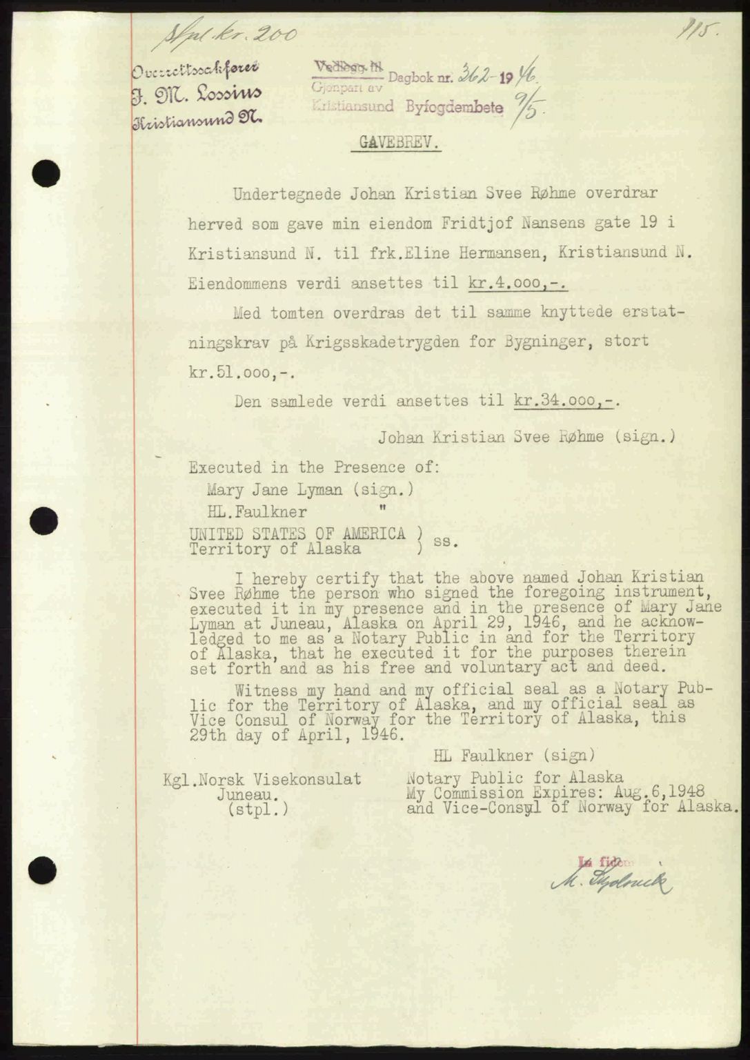 Kristiansund byfogd, AV/SAT-A-4587/A/27: Mortgage book no. 39b, 1946-1947, Diary no: : 362/1946