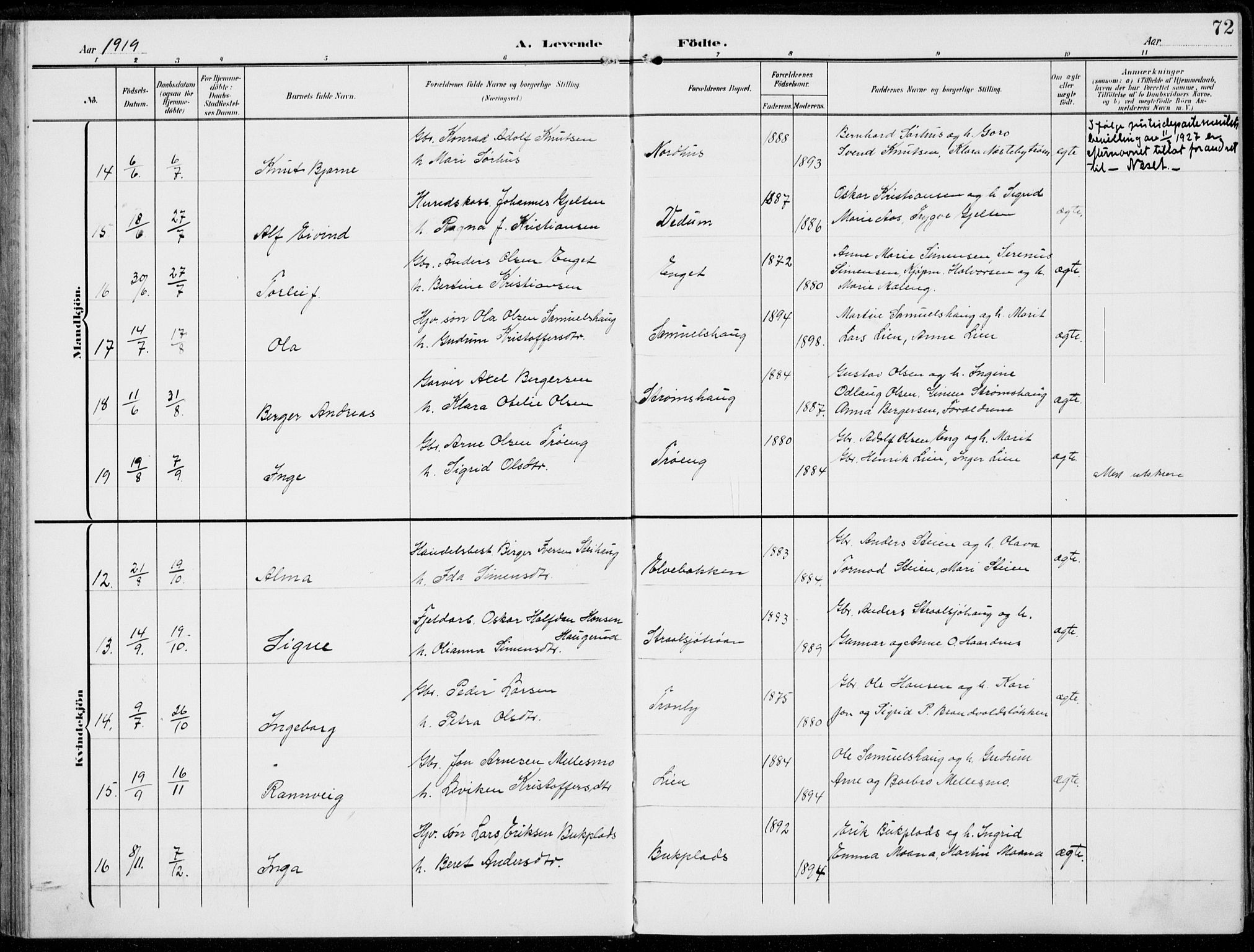 Alvdal prestekontor, AV/SAH-PREST-060/H/Ha/Haa/L0004: Parish register (official) no. 4, 1907-1919, p. 72