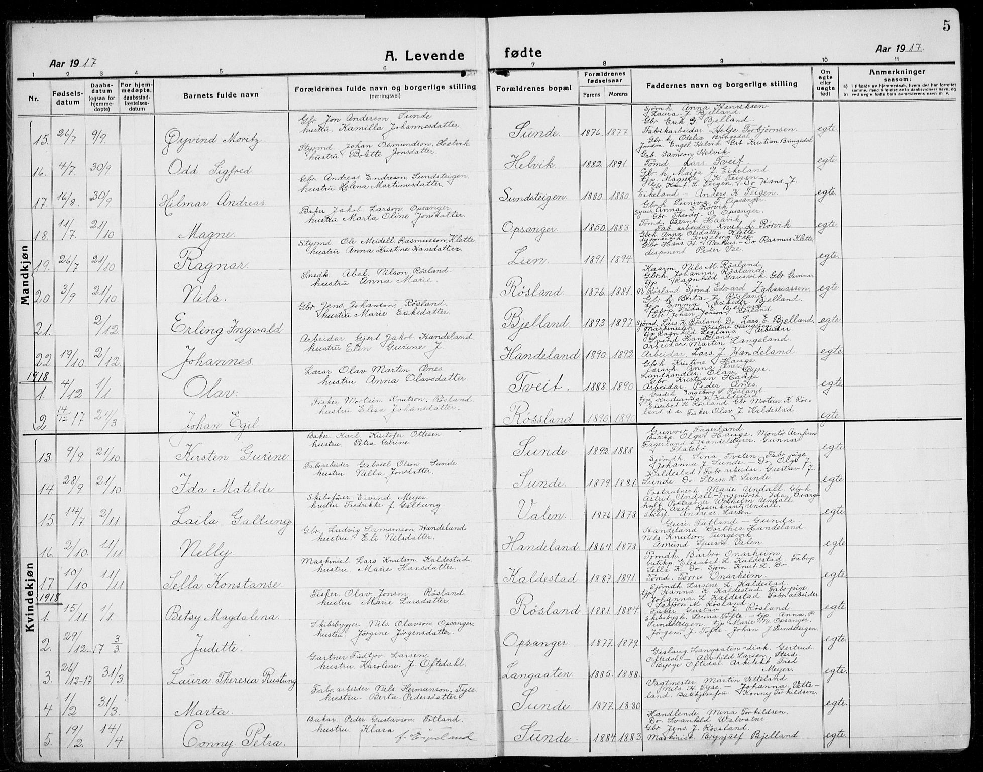Husnes Sokneprestembete, SAB/A-75901/H/Hab: Parish register (copy) no. A  3, 1915-1936, p. 5
