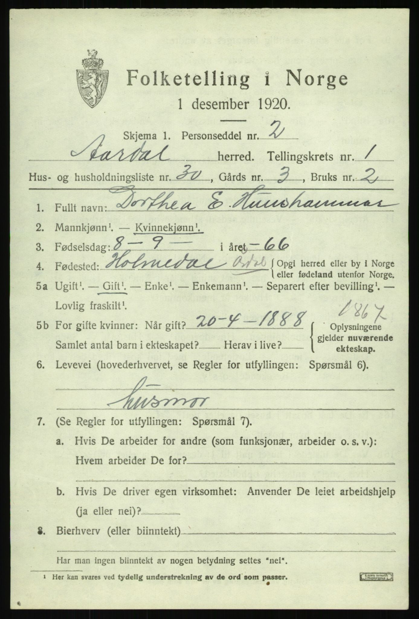 SAB, 1920 census for Årdal, 1920, p. 853