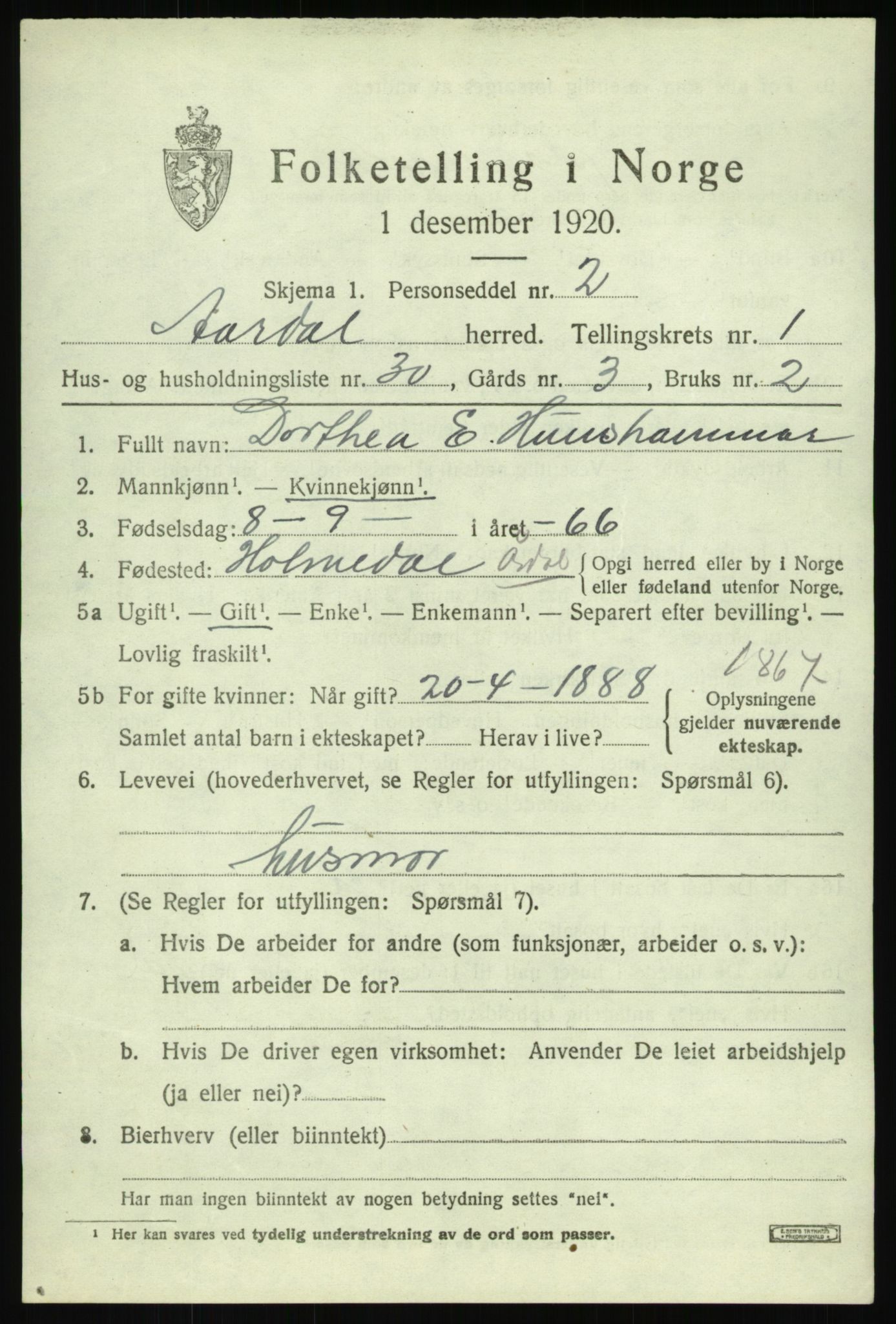 SAB, 1920 census for Årdal, 1920, p. 853