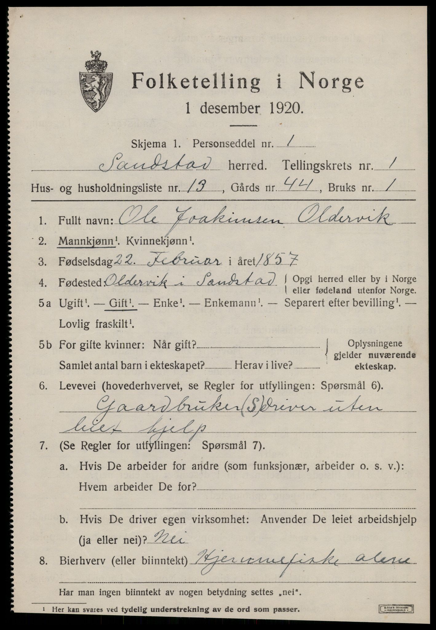 SAT, 1920 census for Sandstad, 1920, p. 527