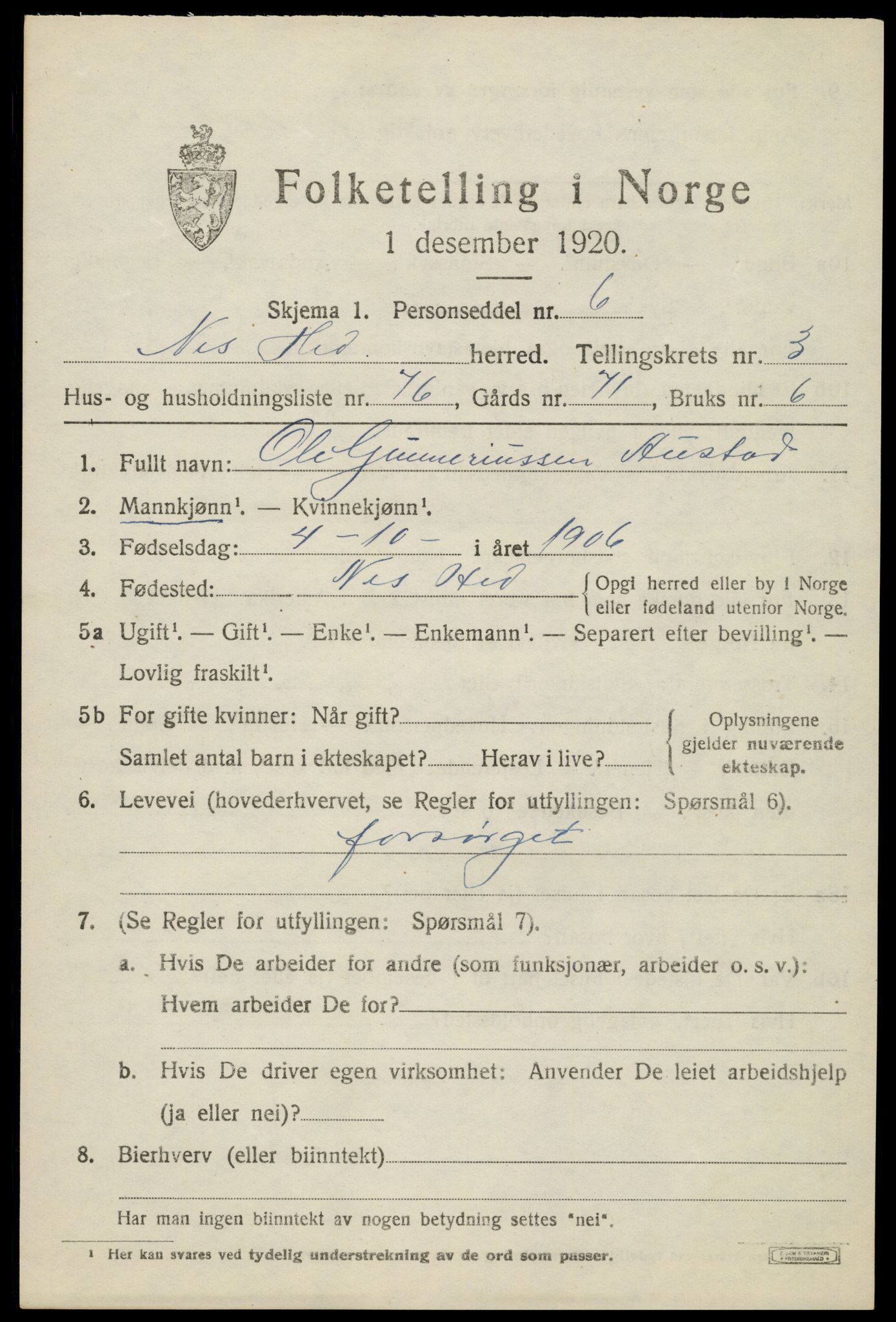 SAH, 1920 census for Nes (Hedmark), 1920, p. 5432