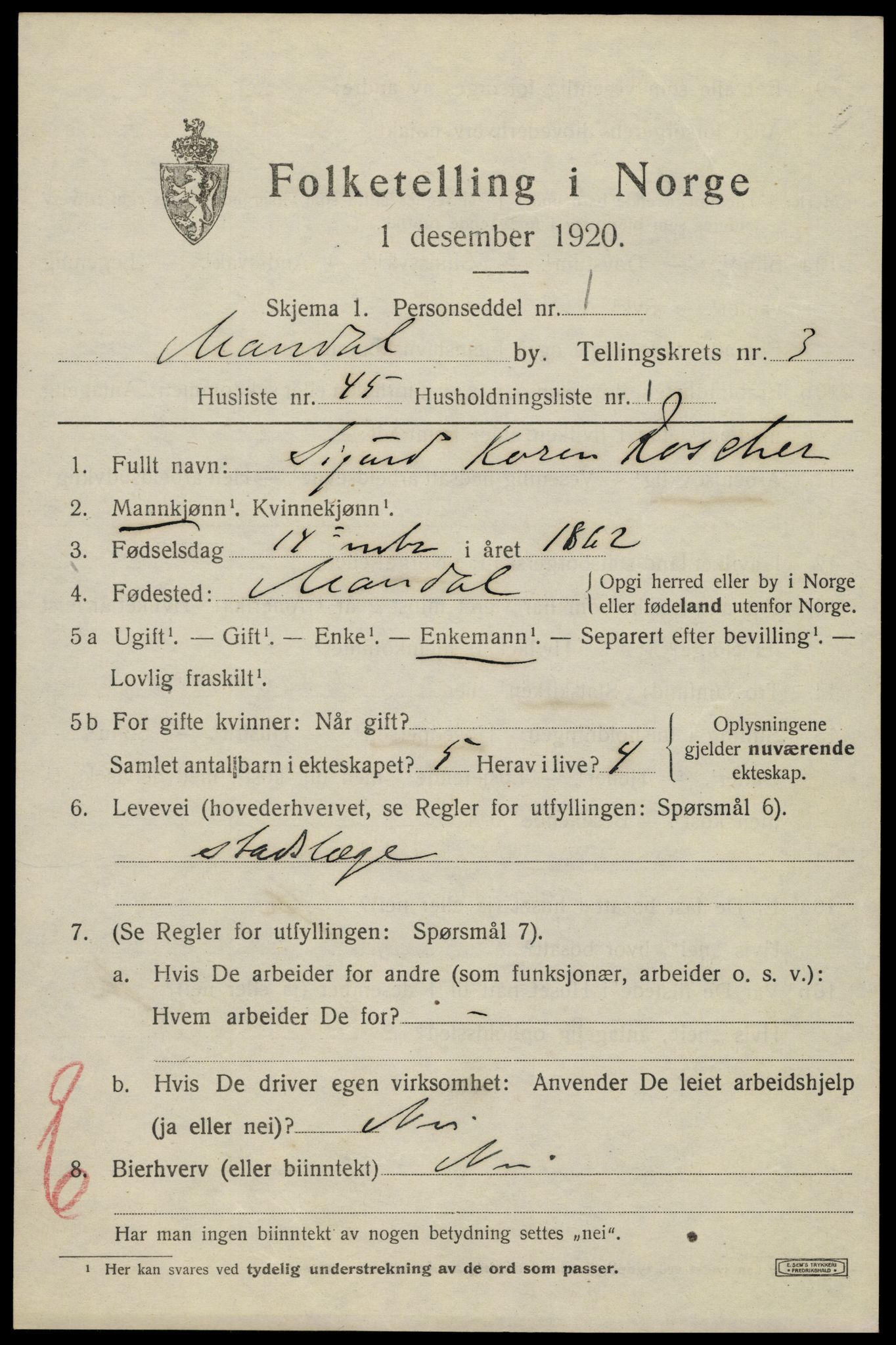 SAK, 1920 census for Mandal, 1920, p. 5891