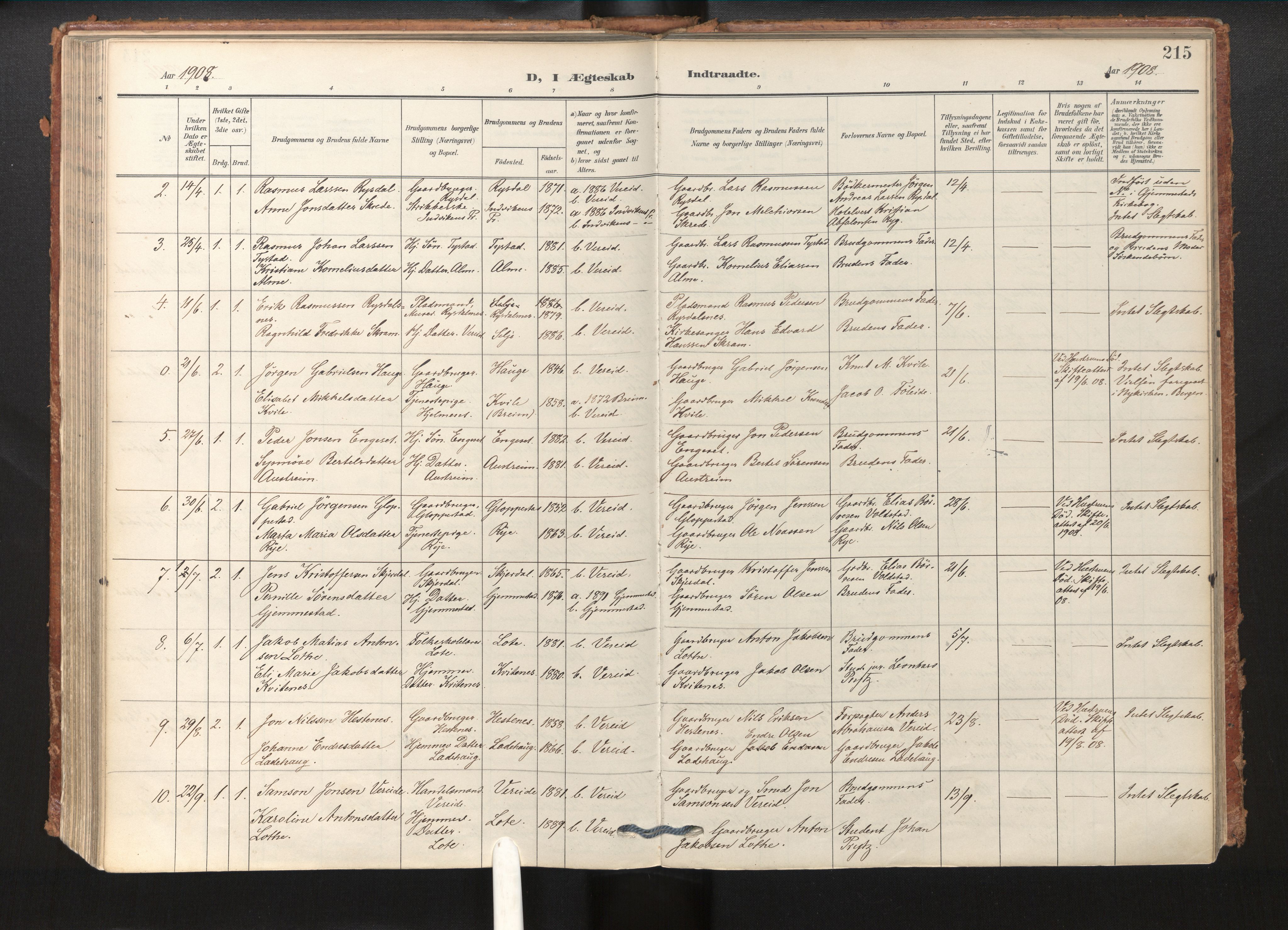 Gloppen sokneprestembete, SAB/A-80101/H/Haa/Haab/L0002: Parish register (official) no. B 2, 1906-1932, p. 214b-215a