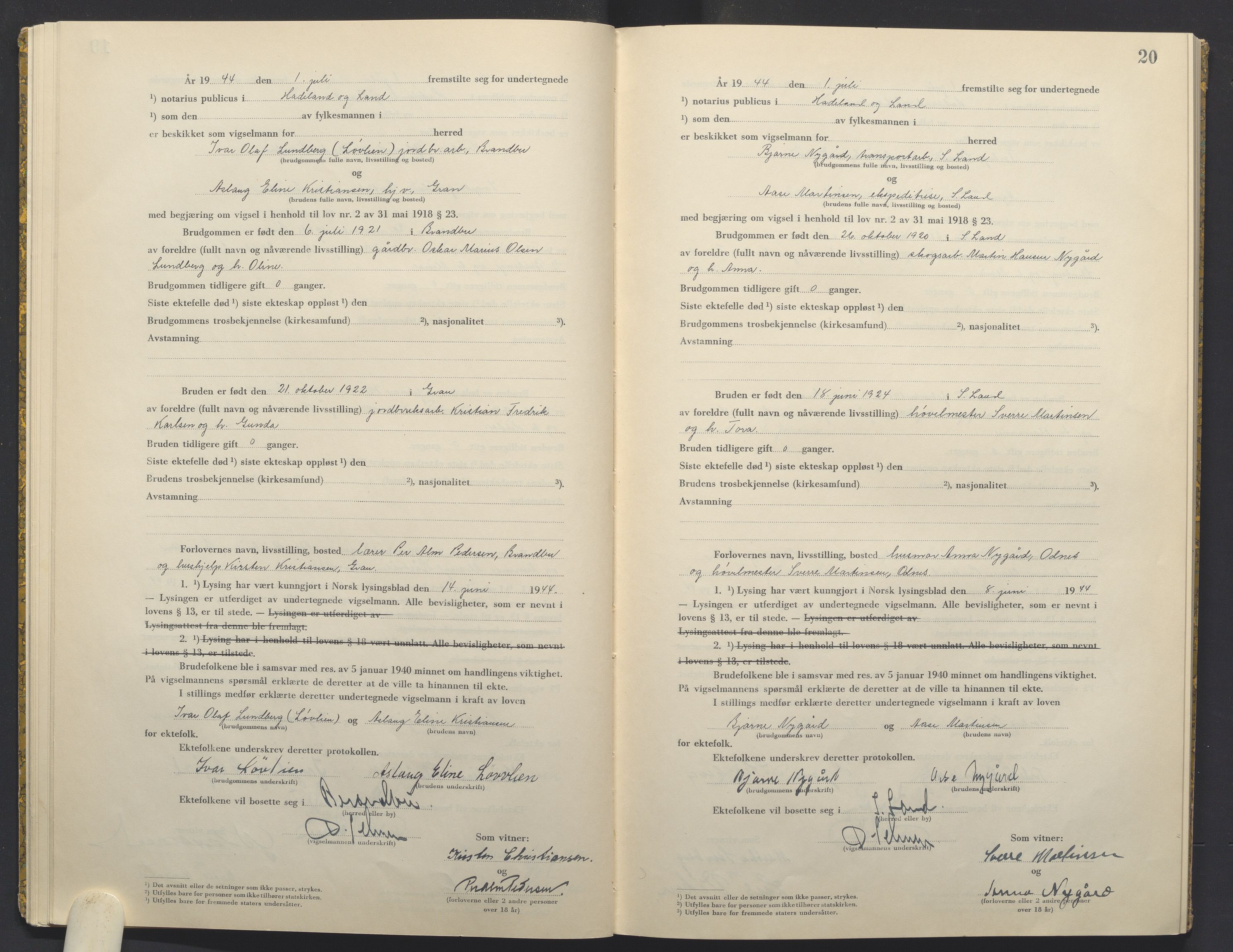 Hadeland og Land tingrett, AV/SAH-TING-010/L/Lb/L0003: Vigselbok, 1944-1946, p. 20