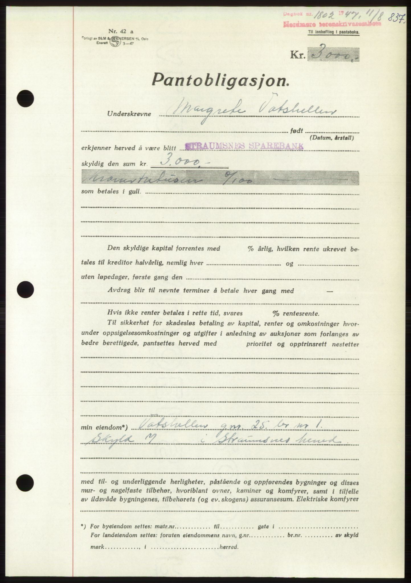 Nordmøre sorenskriveri, AV/SAT-A-4132/1/2/2Ca: Mortgage book no. B96, 1947-1947, Diary no: : 1802/1947