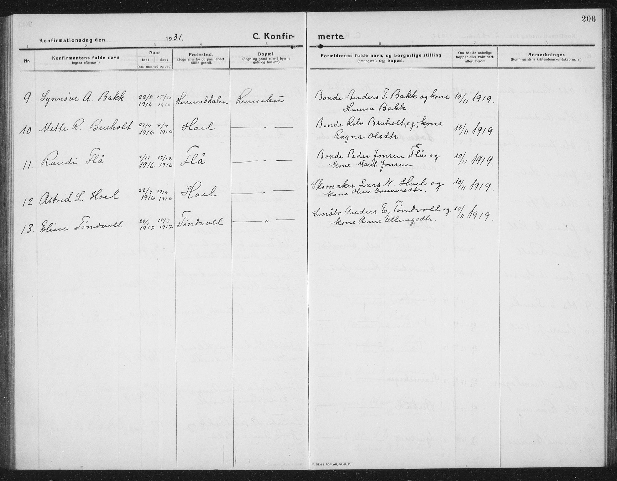Ministerialprotokoller, klokkerbøker og fødselsregistre - Sør-Trøndelag, SAT/A-1456/674/L0877: Parish register (copy) no. 674C04, 1913-1940, p. 206