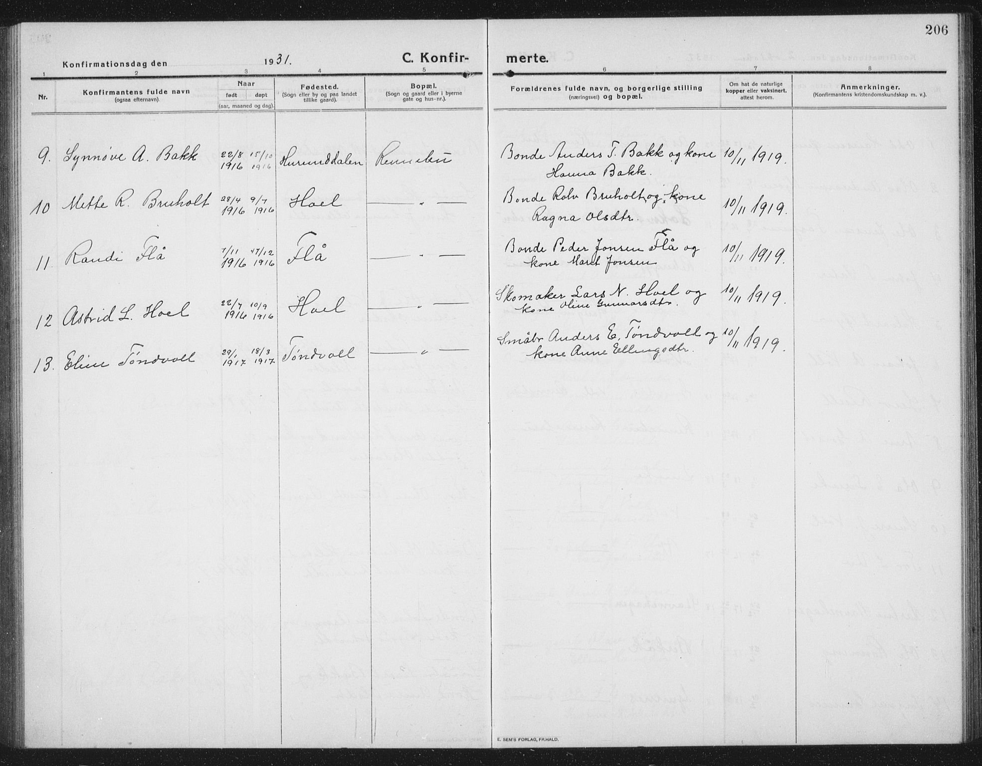 Ministerialprotokoller, klokkerbøker og fødselsregistre - Sør-Trøndelag, AV/SAT-A-1456/674/L0877: Parish register (copy) no. 674C04, 1913-1940, p. 206