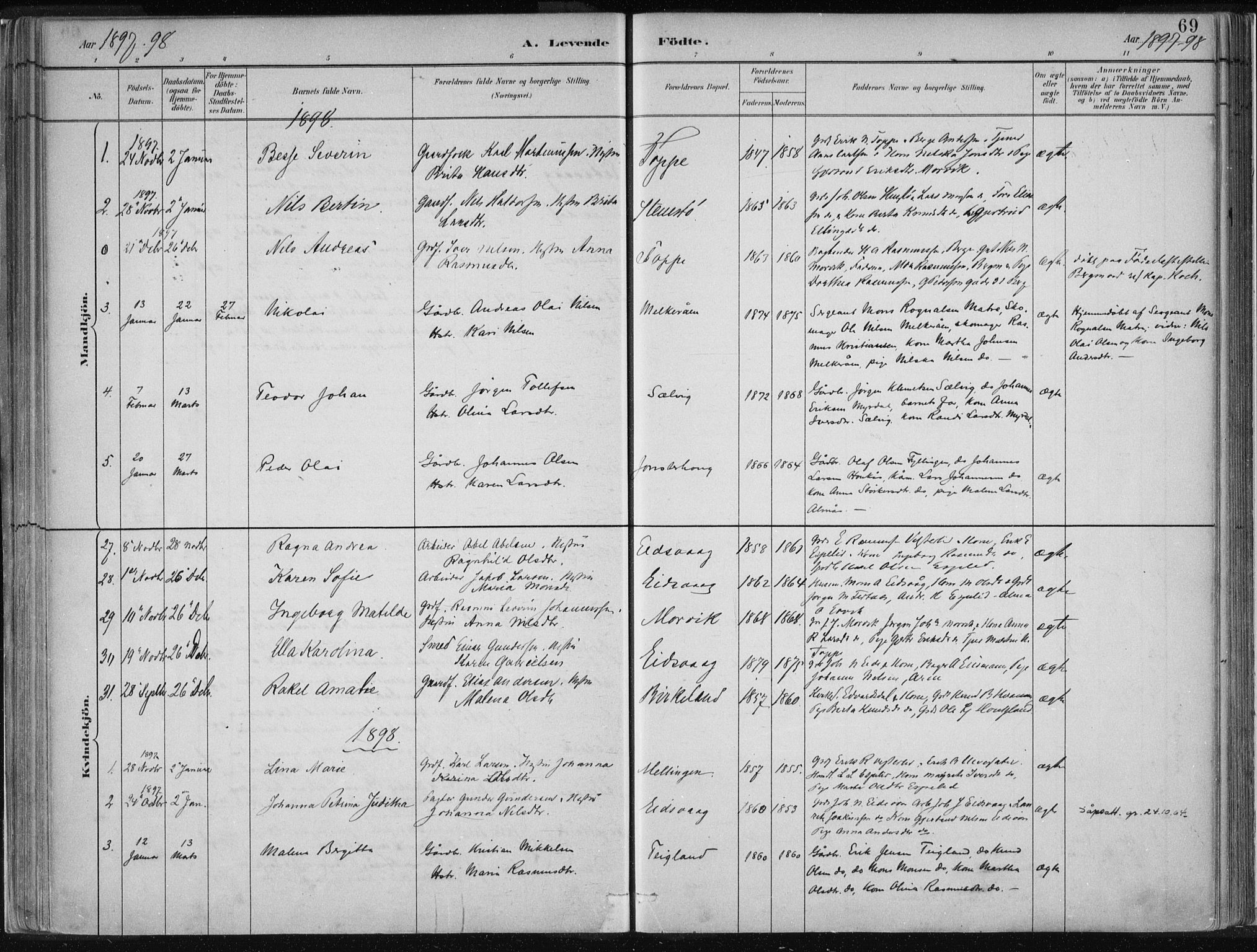 Hamre sokneprestembete, SAB/A-75501/H/Ha/Haa/Haad/L0001: Parish register (official) no. D  1, 1882-1906, p. 69