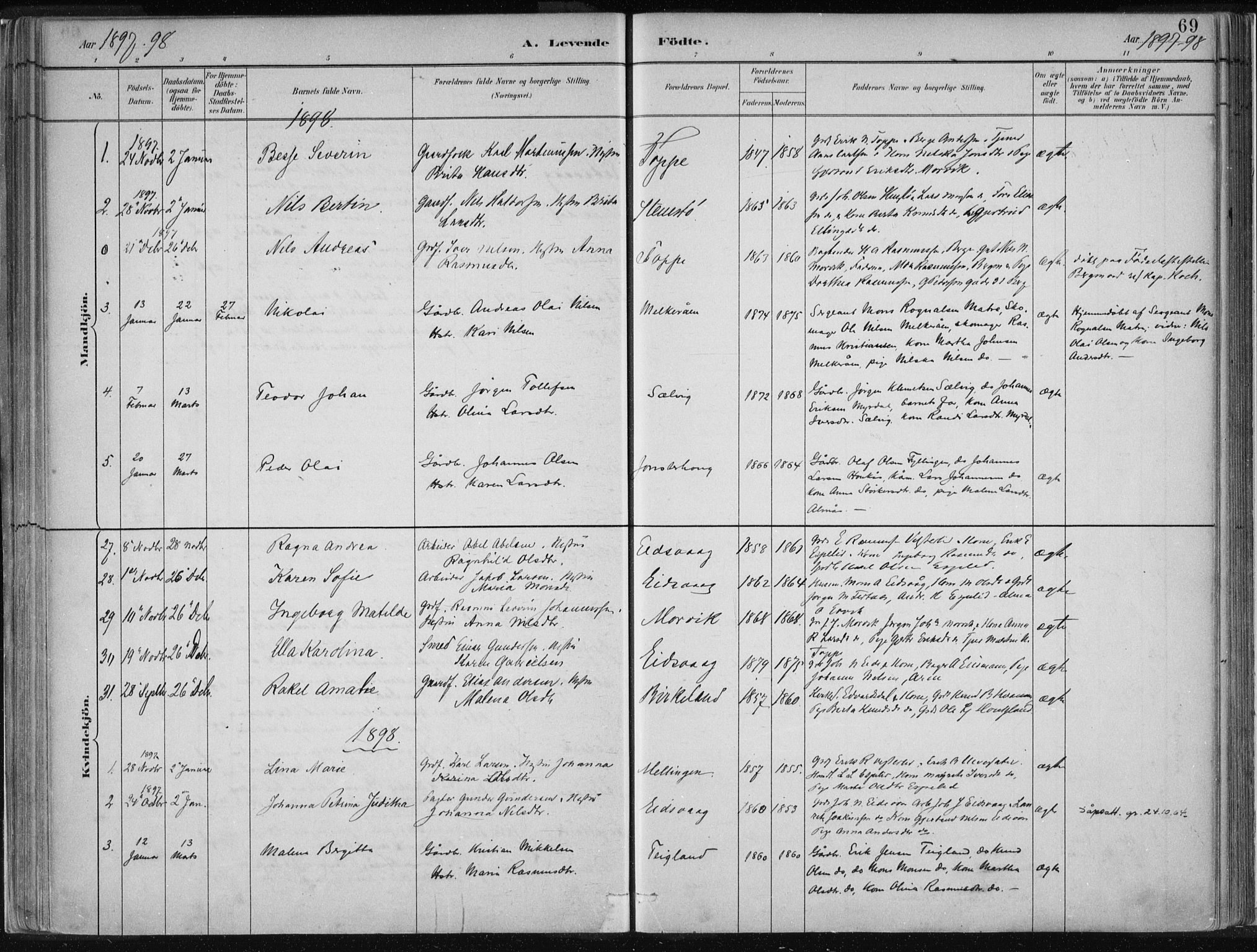 Hamre sokneprestembete, AV/SAB-A-75501/H/Ha/Haa/Haad/L0001: Parish register (official) no. D  1, 1882-1906, p. 69