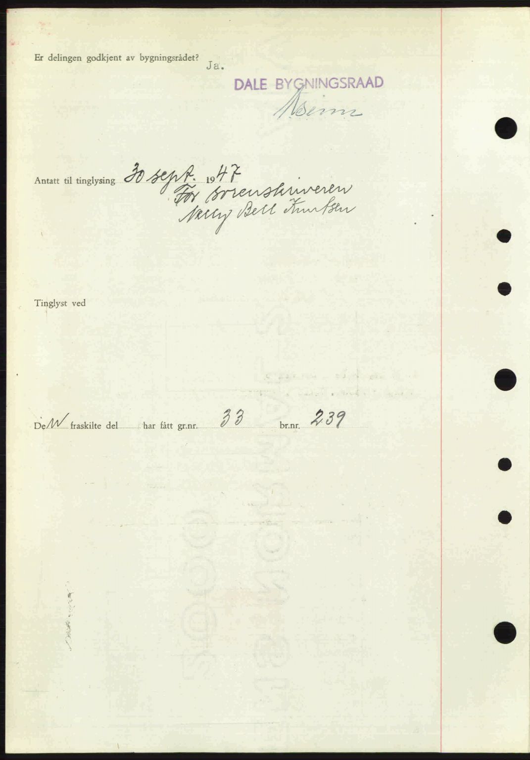 Nordhordland sorenskrivar, SAB/A-2901/1/G/Gb/Gbf/L0032: Mortgage book no. A32, 1947-1947, Diary no: : 2490/1947