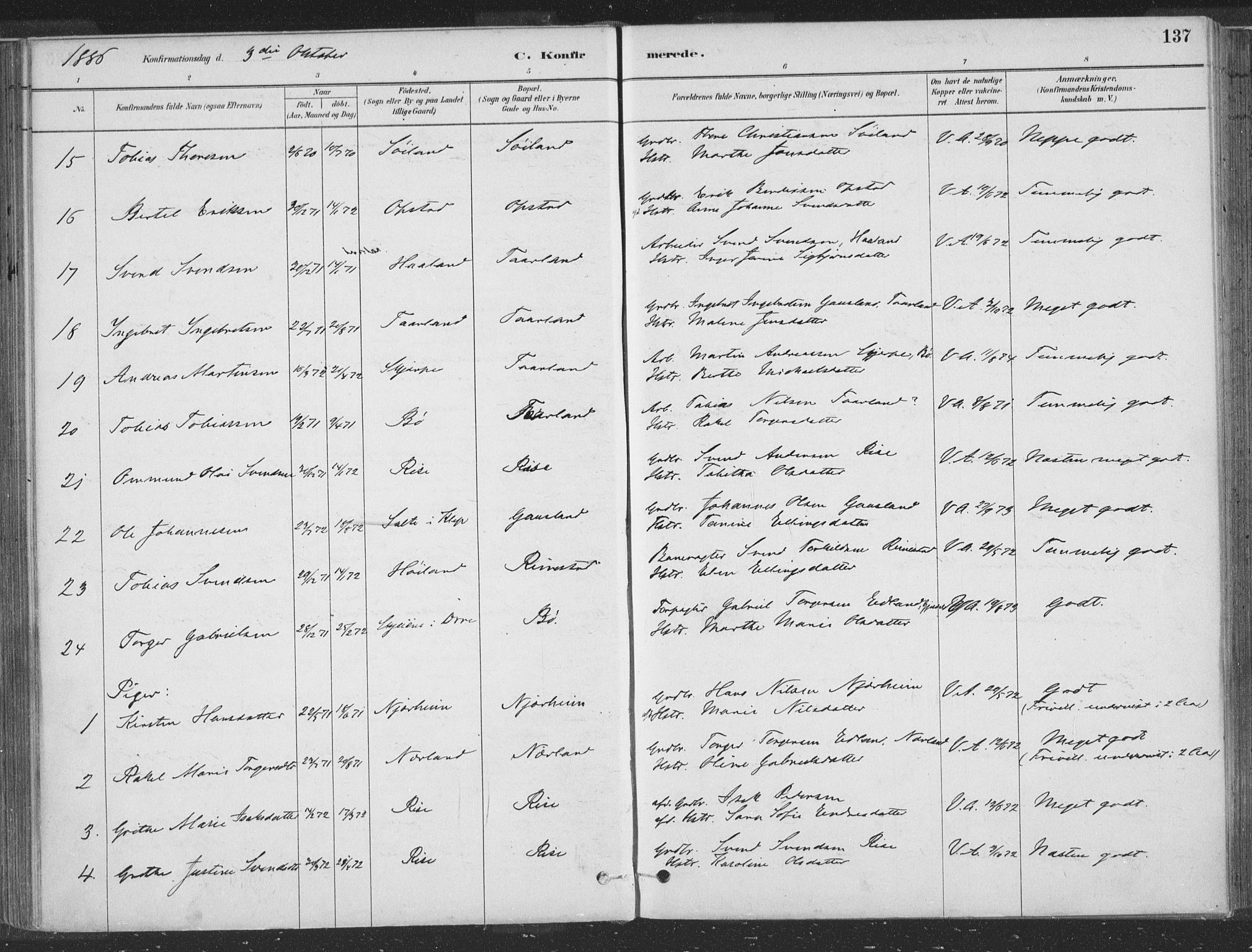Hå sokneprestkontor, AV/SAST-A-101801/001/30BA/L0010: Parish register (official) no. A 9, 1879-1896, p. 137