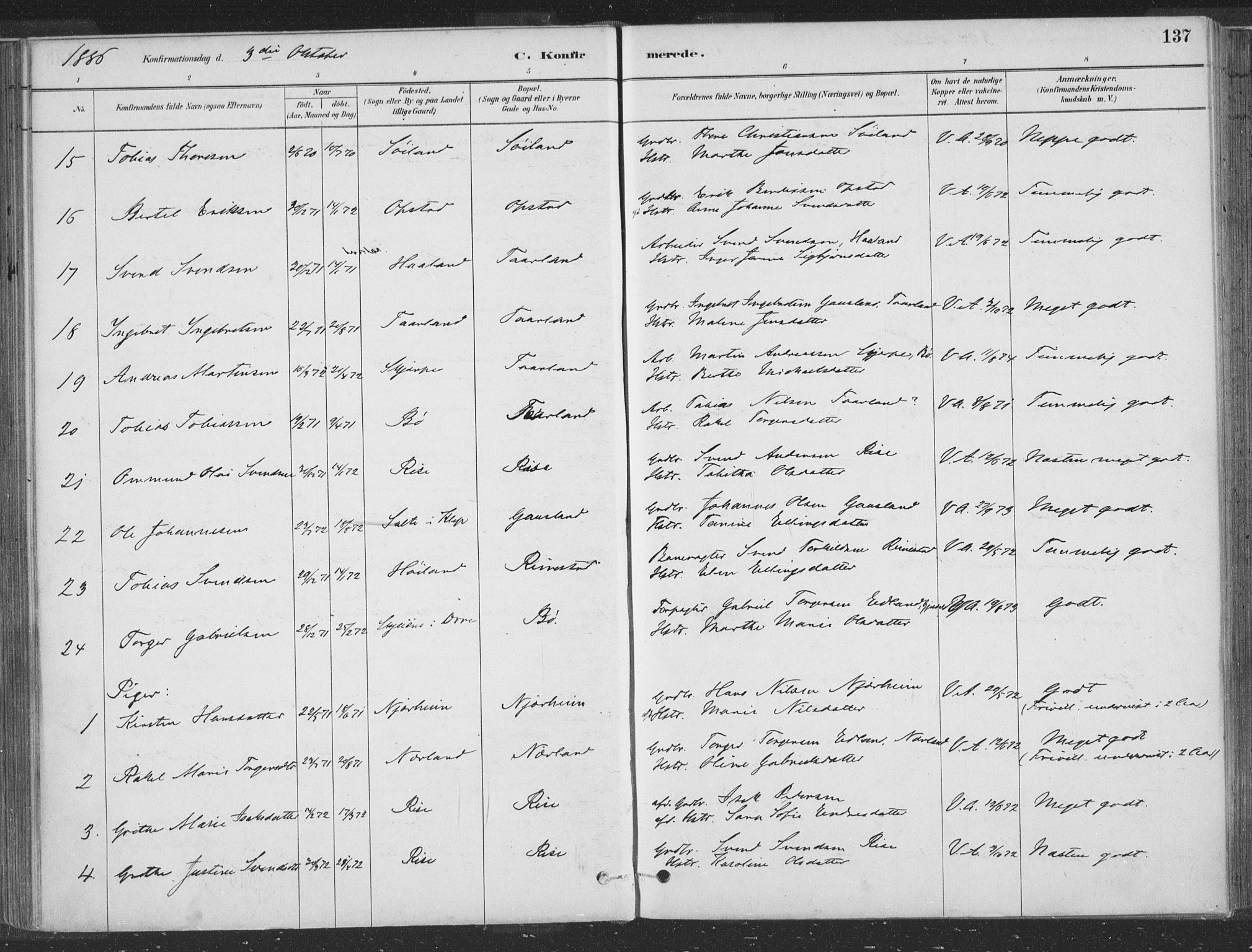 Hå sokneprestkontor, SAST/A-101801/001/30BA/L0010: Parish register (official) no. A 9, 1879-1896, p. 137